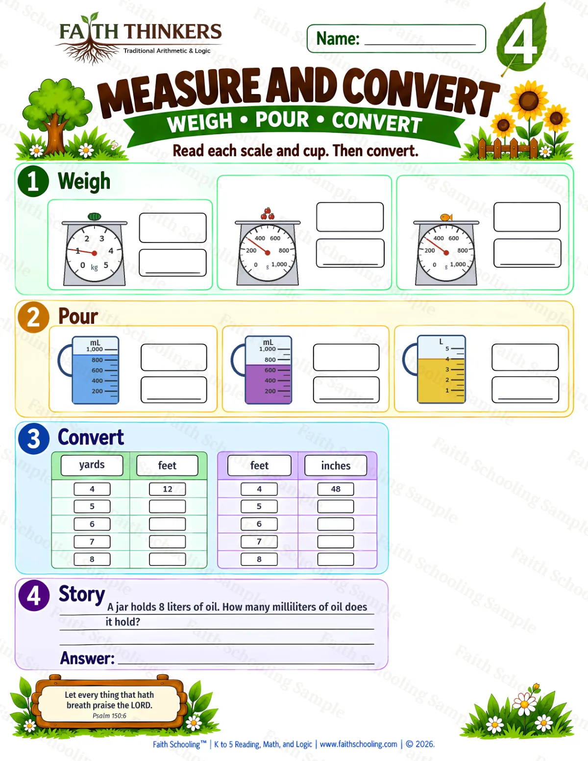 4th Grade math worksheet — Measurement Units Practice 3 (free printable)