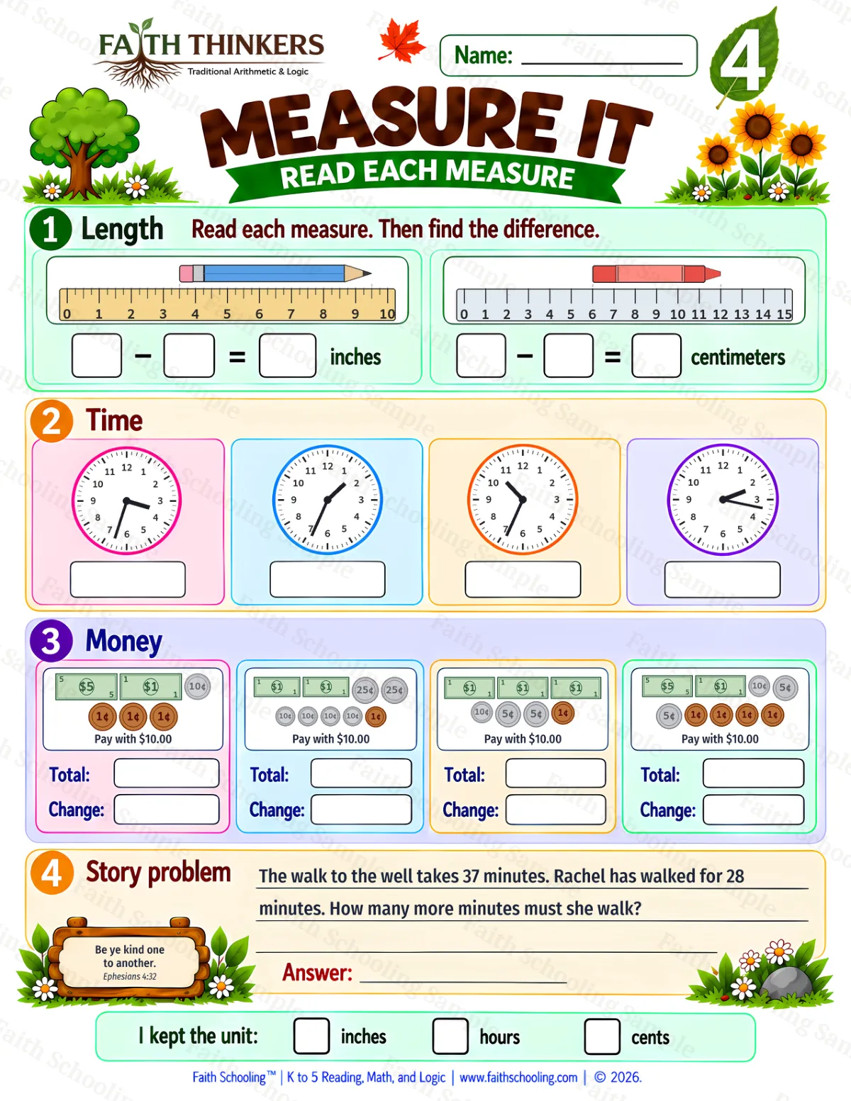 4th Grade math worksheet — Measurement Practice 1 (free printable)