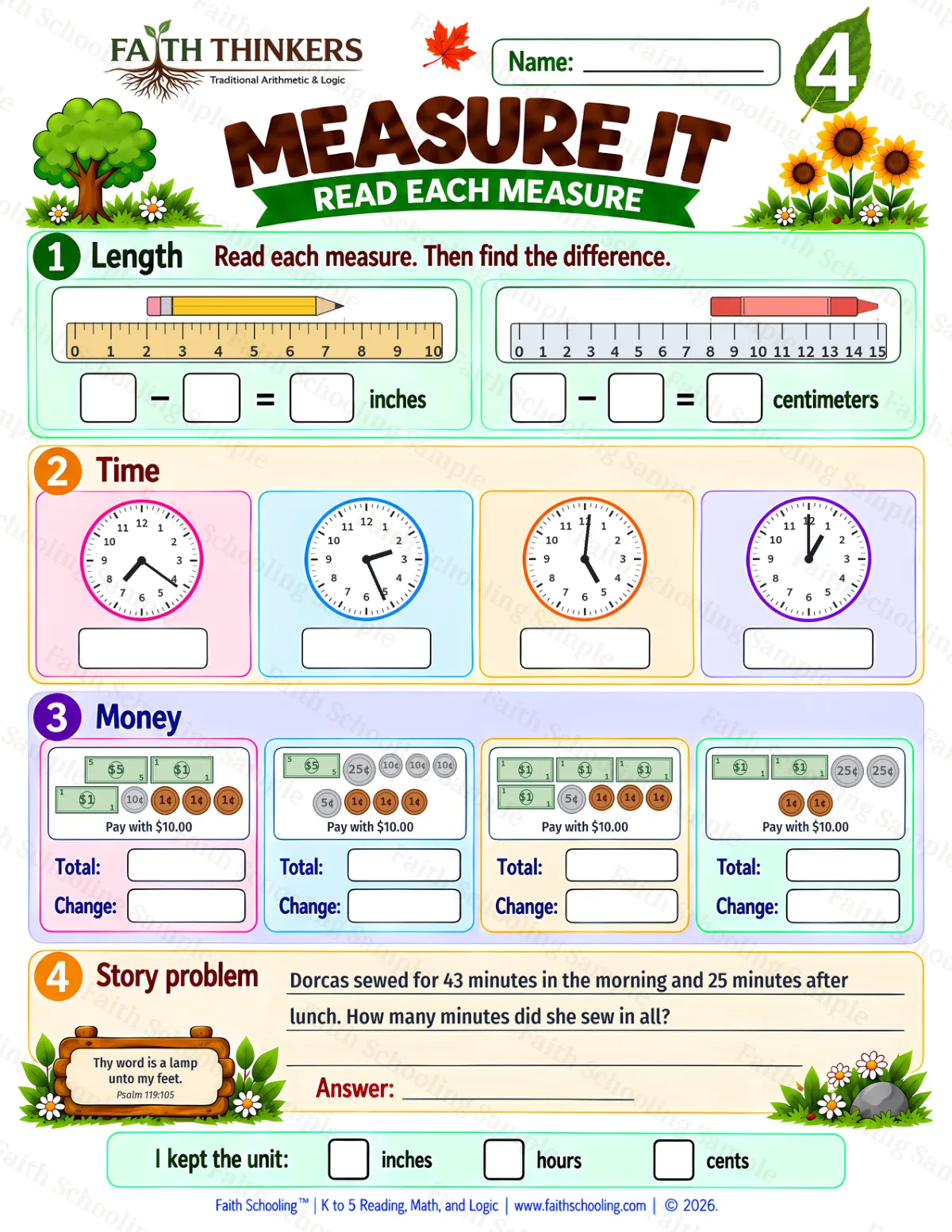 4th Grade math worksheet — Measurement Practice 2 (free printable)