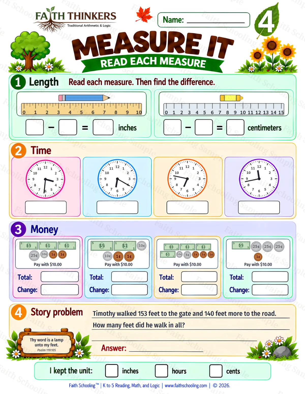 4th Grade math worksheet — Measurement Practice 3 (free printable)