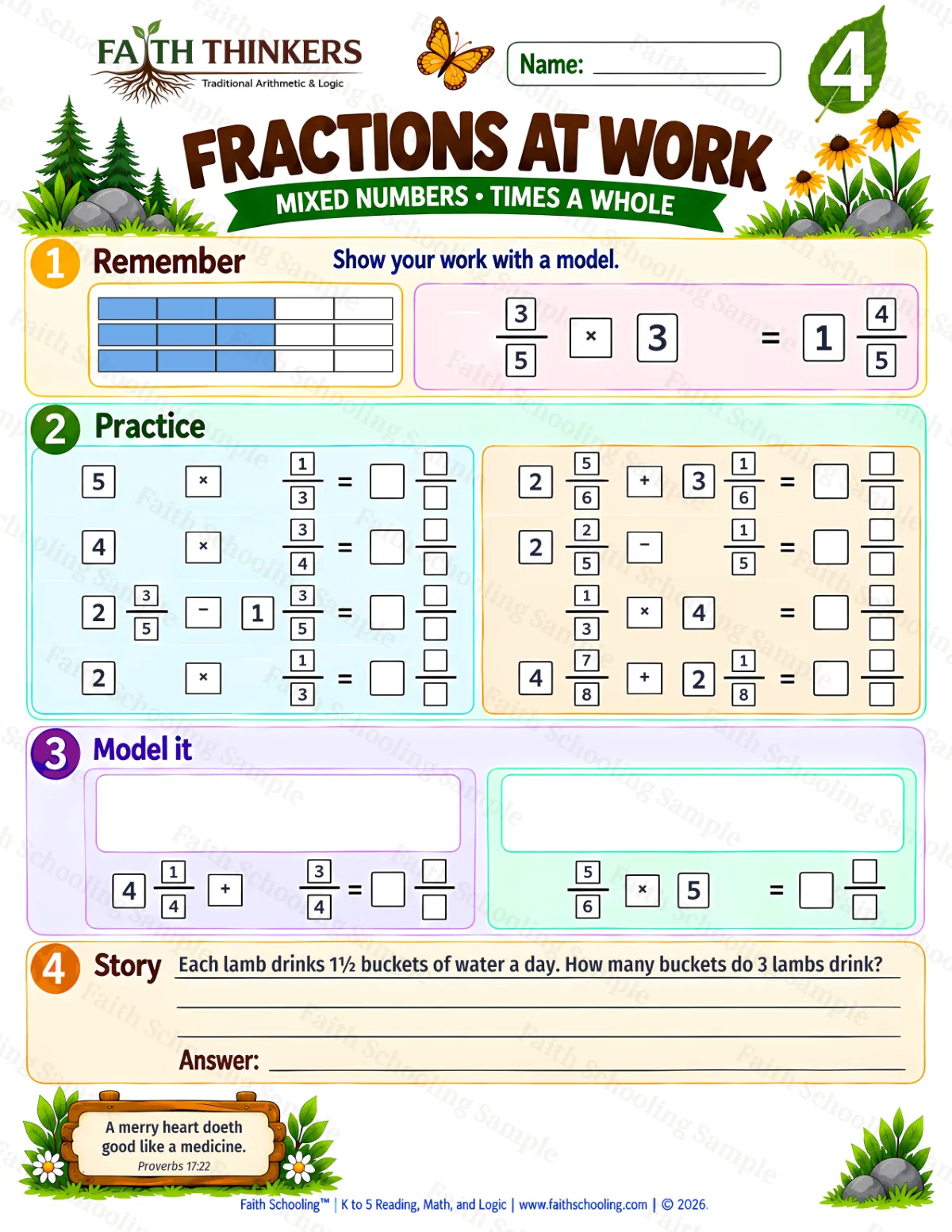 4th Grade math worksheet — Mixed Number Operations and Fraction Multiplication Practice 1 (free printable)