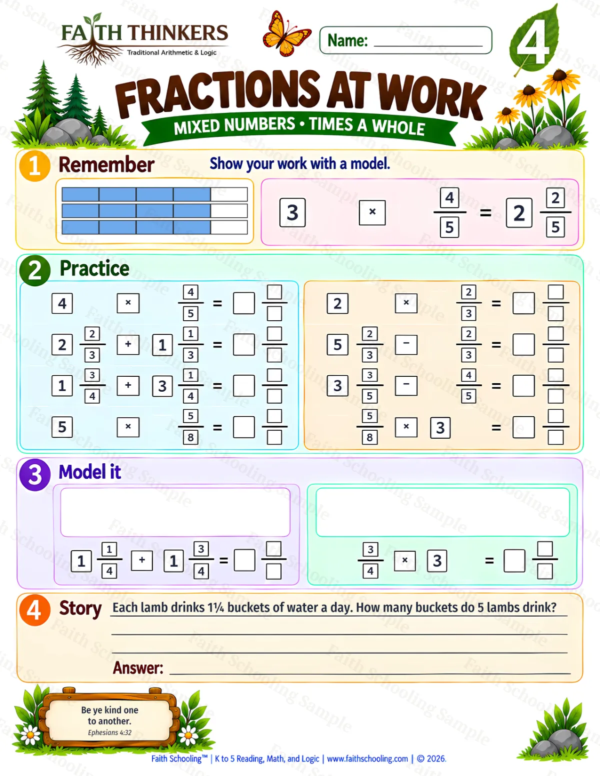 4th Grade math worksheet — Mixed Number Operations and Fraction Multiplication Practice 2 (free printable)