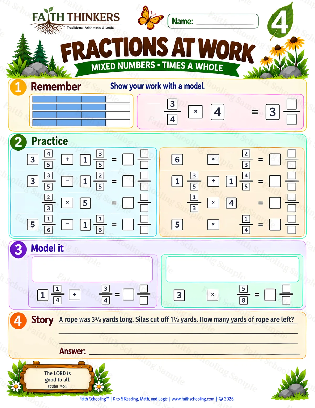 4th Grade math worksheet — Mixed Number Operations and Fraction Multiplication Practice 3 (free printable)