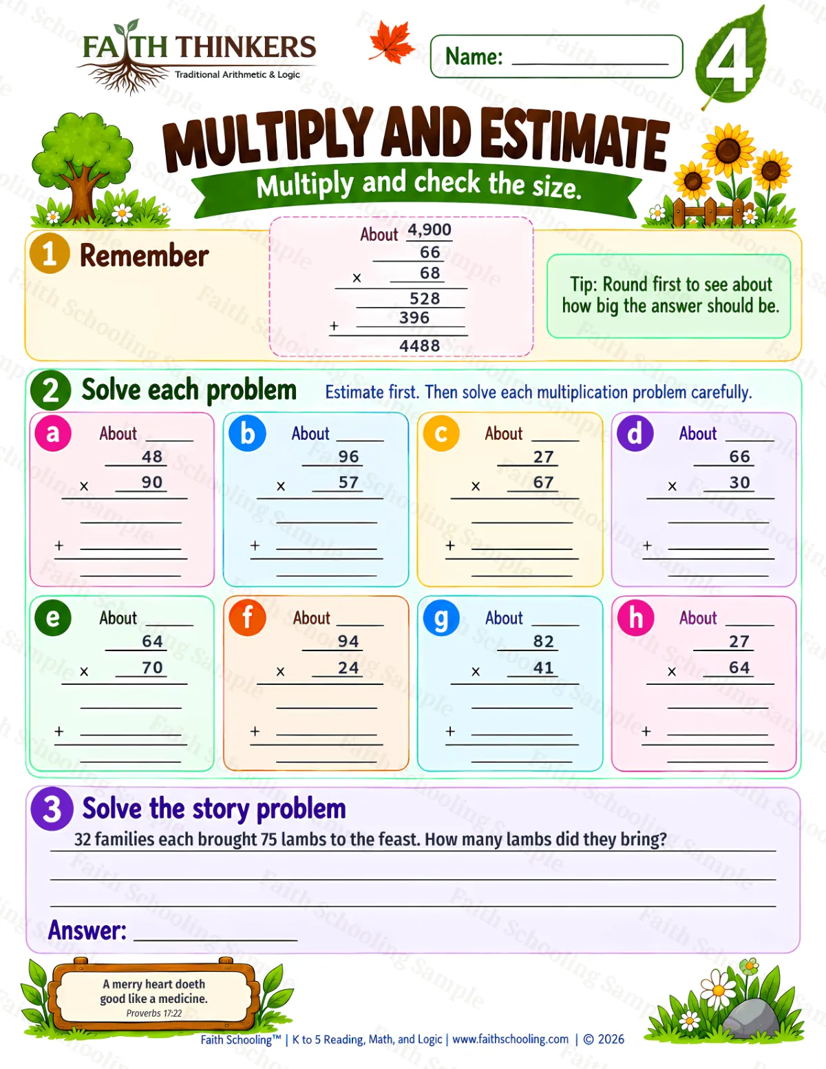 4th Grade math worksheet — Multi-Digit Multiplication Practice 3 (free printable)
