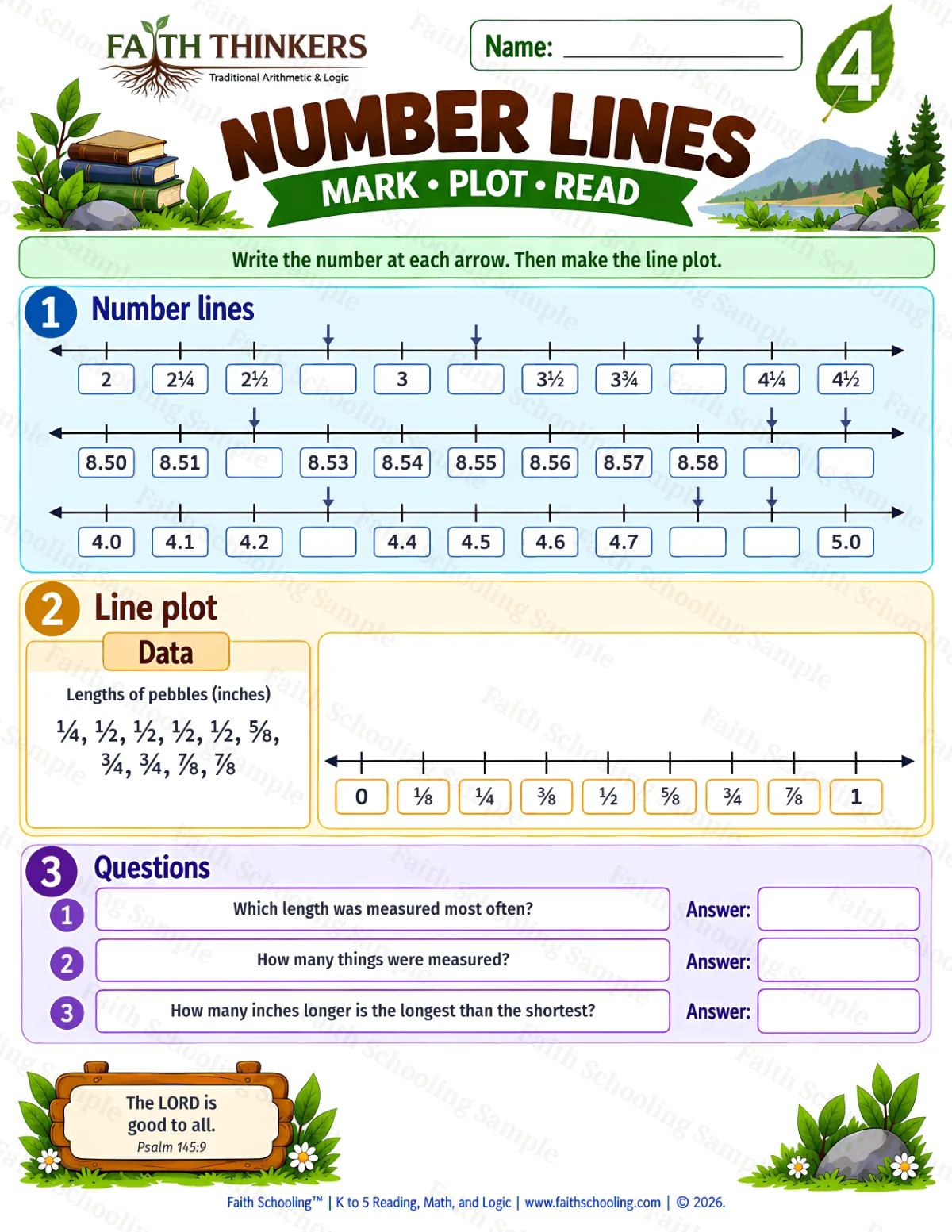 4th Grade math worksheet — Number Lines Practice 1 (free printable)