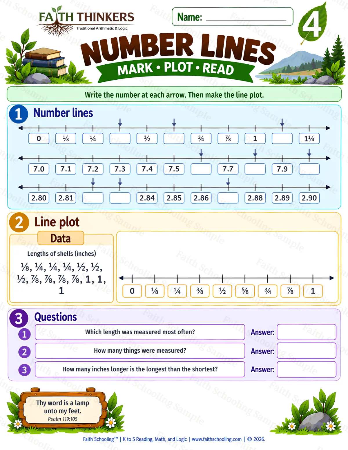 4th Grade math worksheet — Number Lines Practice 2 (free printable)