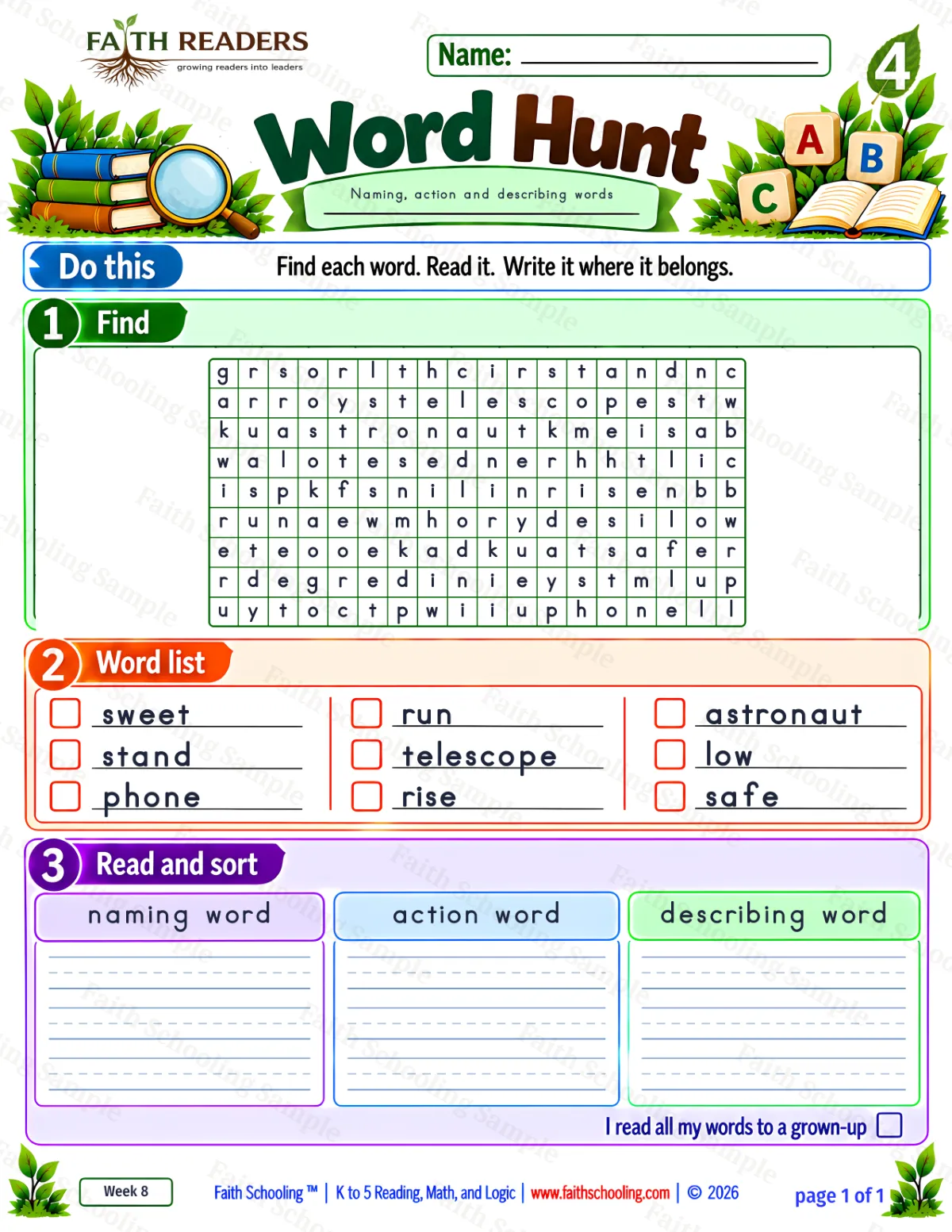 4th Grade grammar & writing worksheet — Parts of Speech. Word Hunt 1: Noun, Verb and Adjective (sweet, run, astronaut) (free printable)