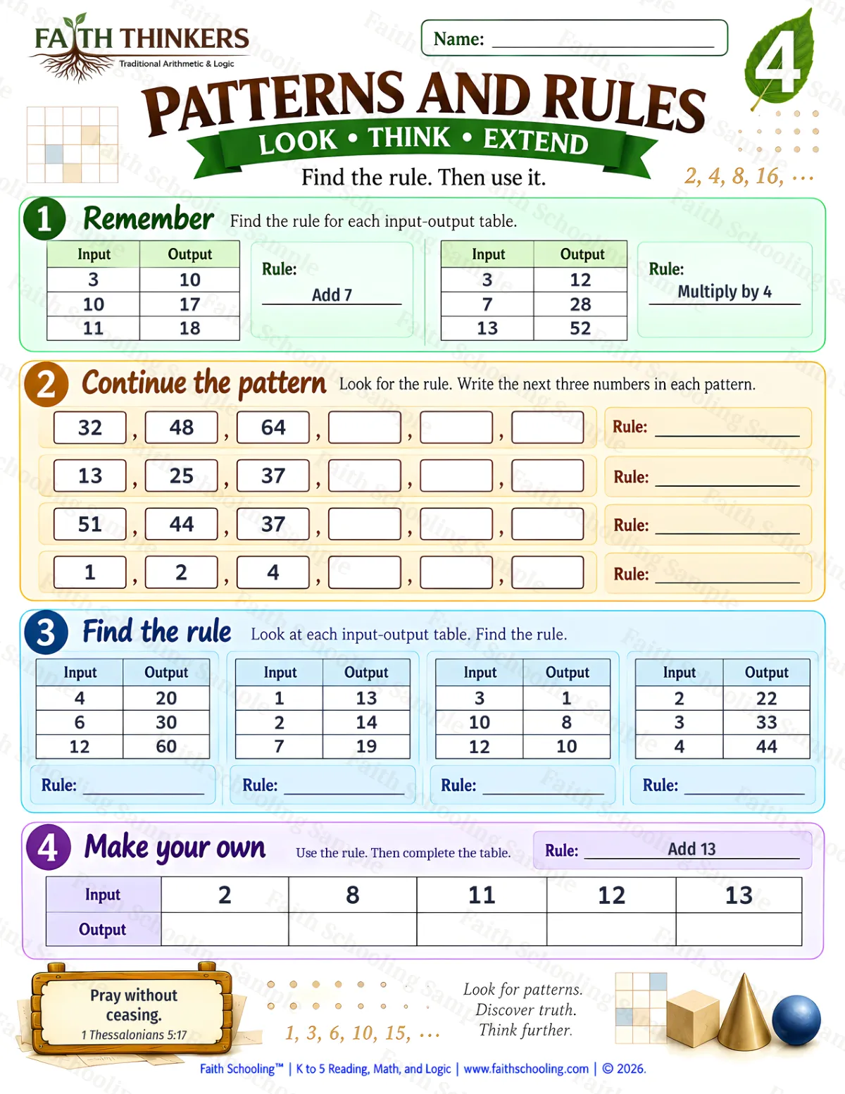 4th Grade math worksheet — Patterns And Rules Practice 1 (free printable)