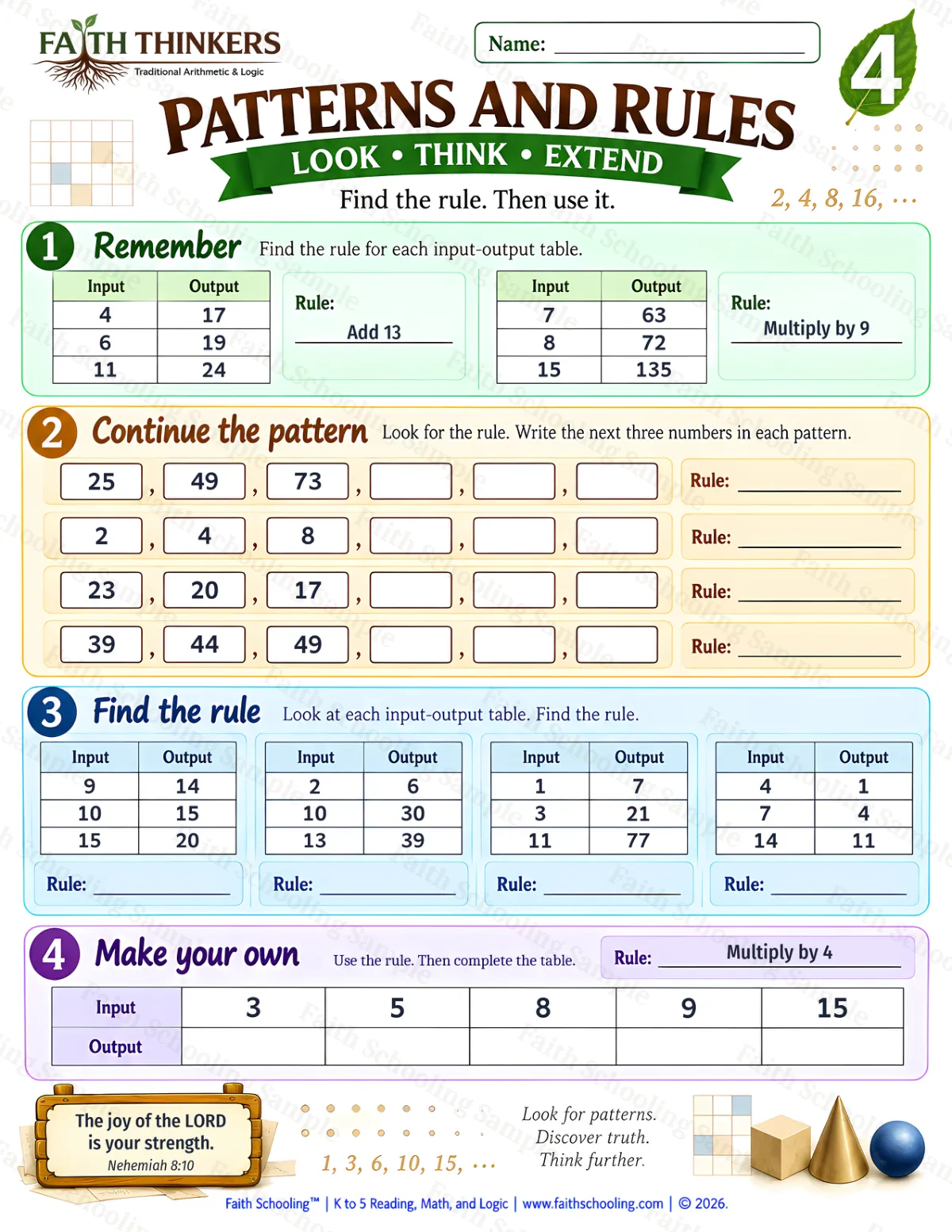 4th Grade math worksheet — Patterns And Rules Practice 2 (free printable)