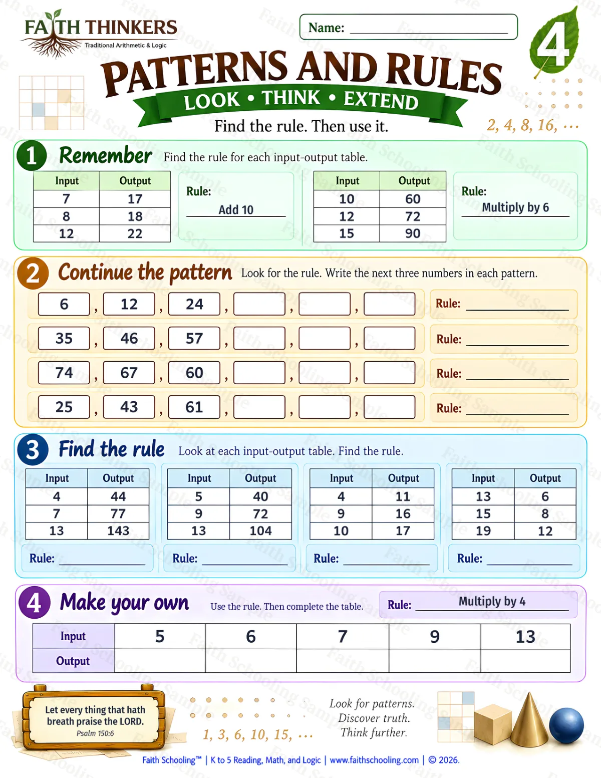 4th Grade math worksheet — Patterns And Rules Practice 3 (free printable)