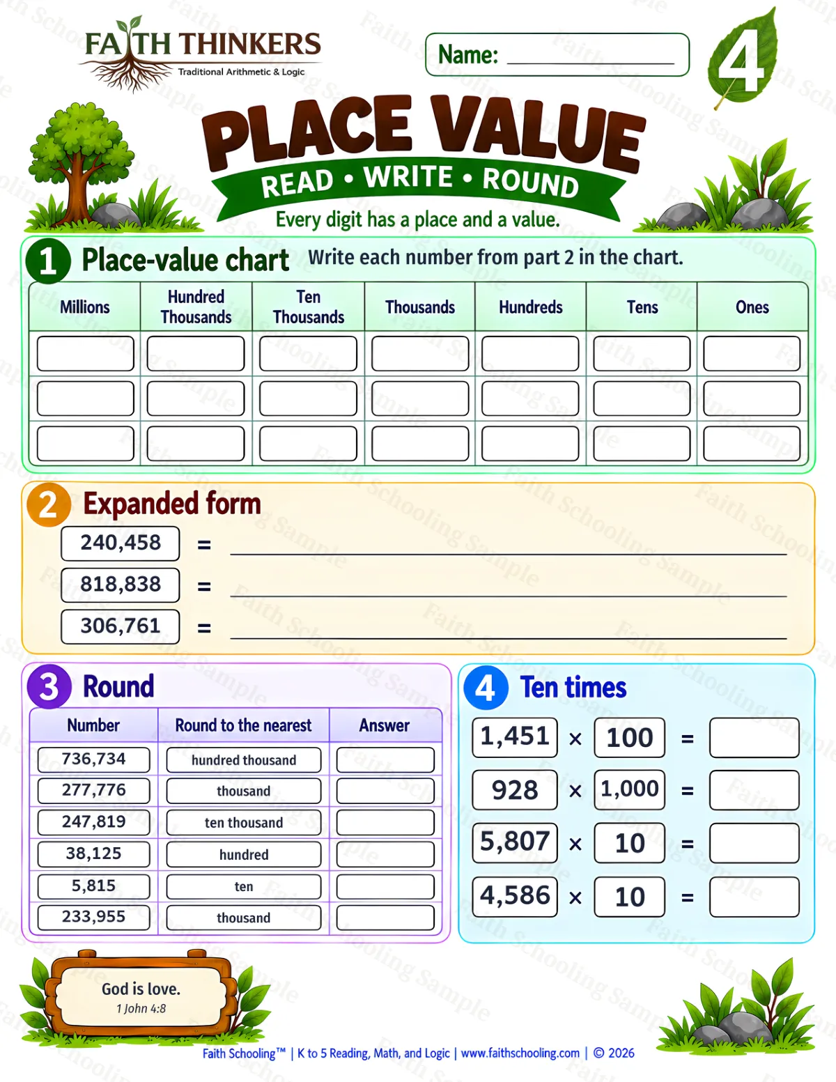 4th Grade math worksheet — Place Value Practice 1 (free printable)