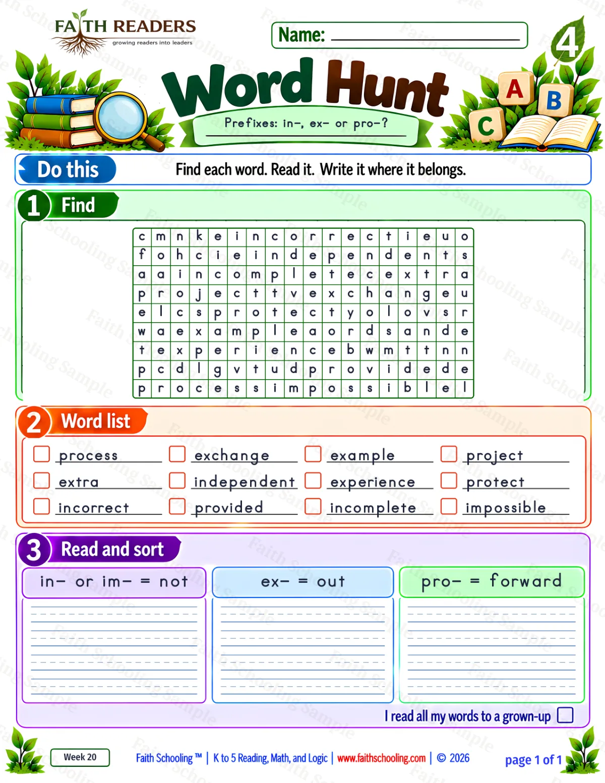 4th Grade vocabulary & word study worksheet — Prefixes in-, im- (not). Word Hunt 1: in-im, ex- and pro- (free printable)