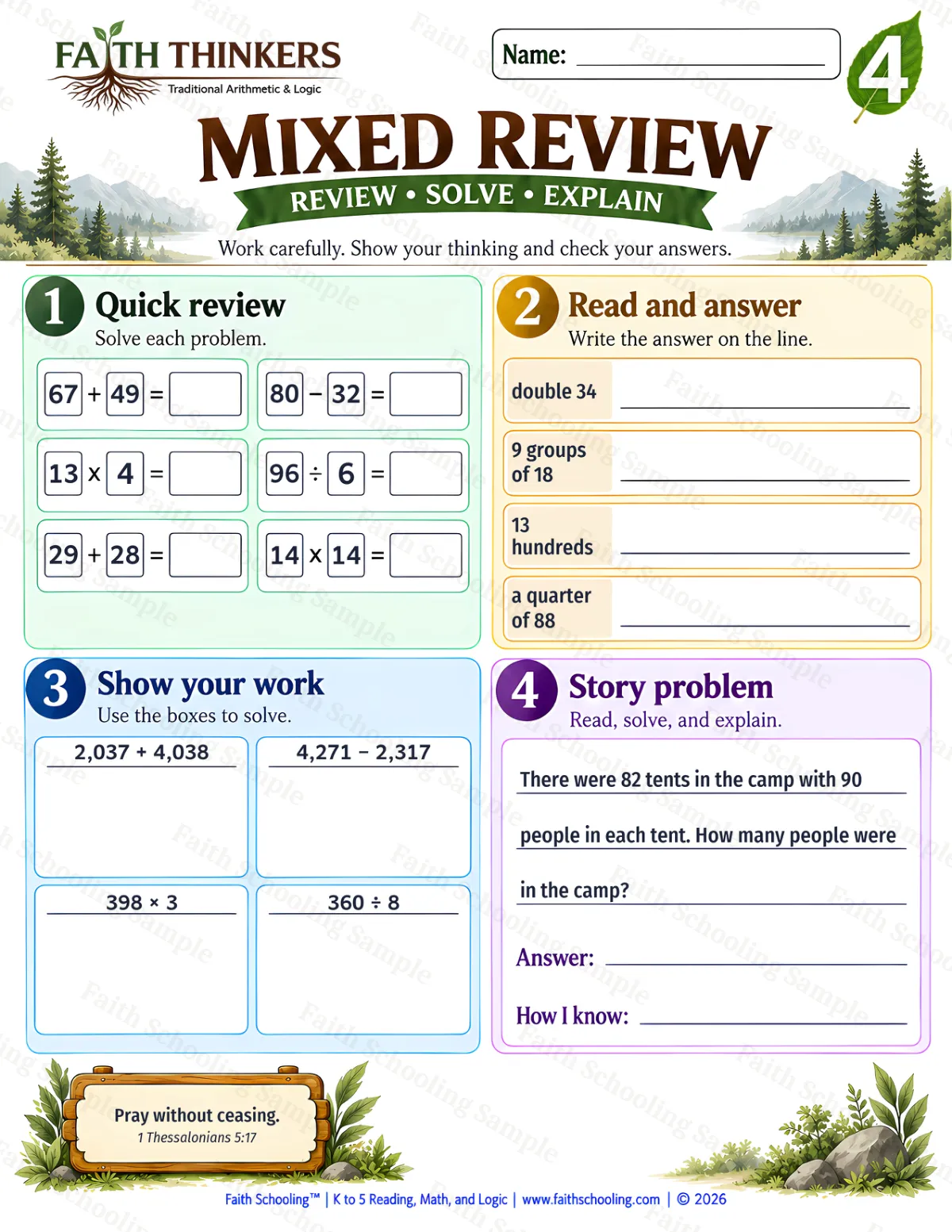 4th Grade math worksheet — Reasoning & Fluency (Practice 1) (free printable)