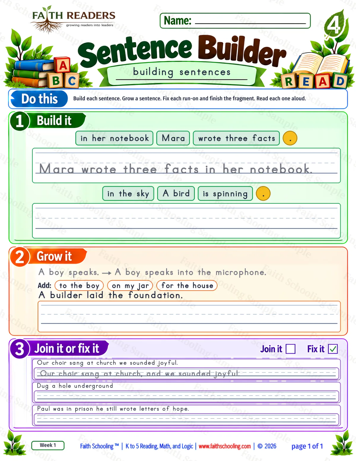 4th Grade grammar & writing worksheet — Sentence Building. Sentence Builder 1: Mara wrote three facts in her notebook. (free printable)
