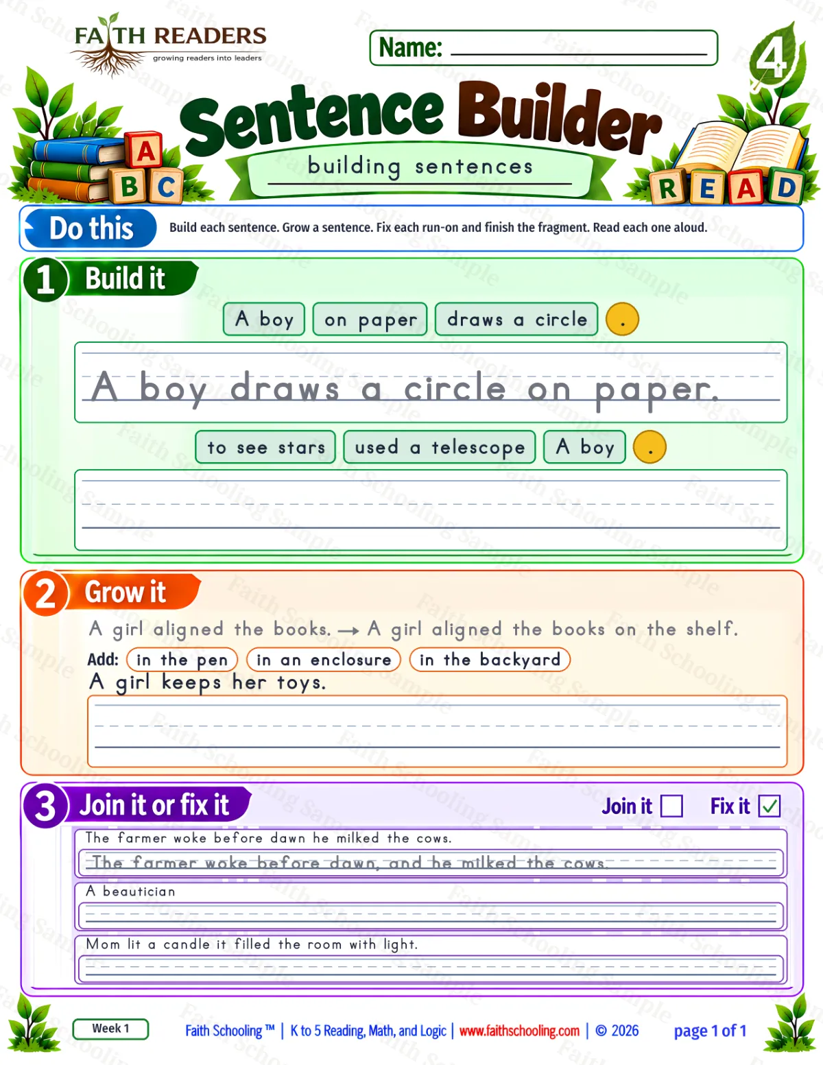 4th Grade grammar & writing worksheet — Sentence Building. Sentence Builder 2: A boy draws a circle on paper. (free printable)