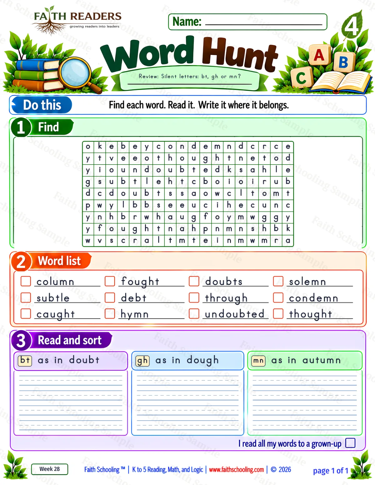4th Grade phonics worksheet — Word Hunt 1: Silent B — bt (free printable)
