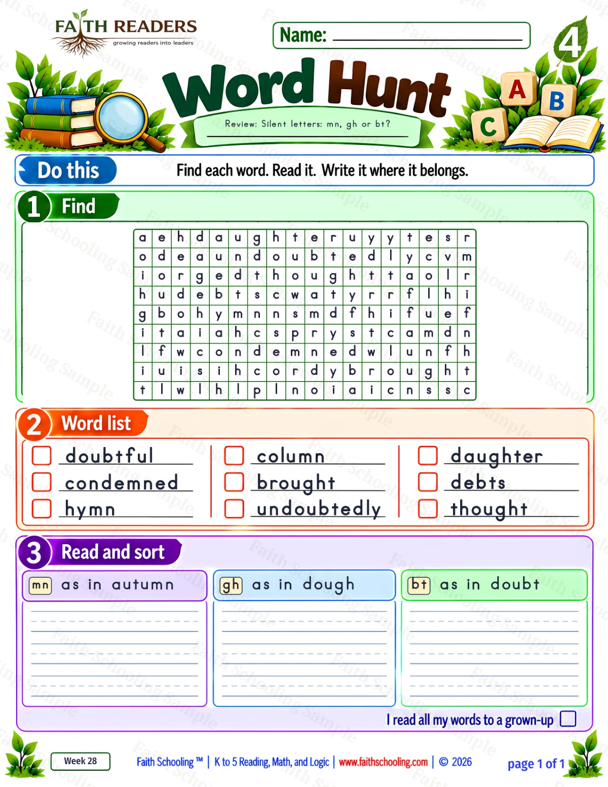 4th Grade phonics worksheet — Word Hunt 1: The Silent N — mn (free printable)
