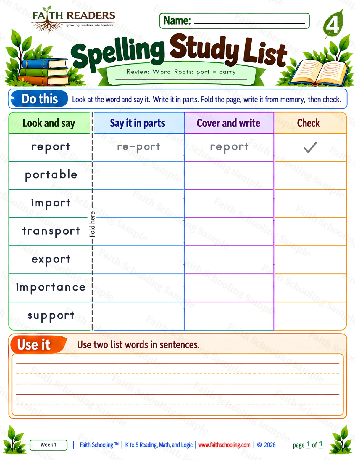 4th Grade phonics worksheet — Spelling Study List 1: Word Roots, port = carry (free printable)