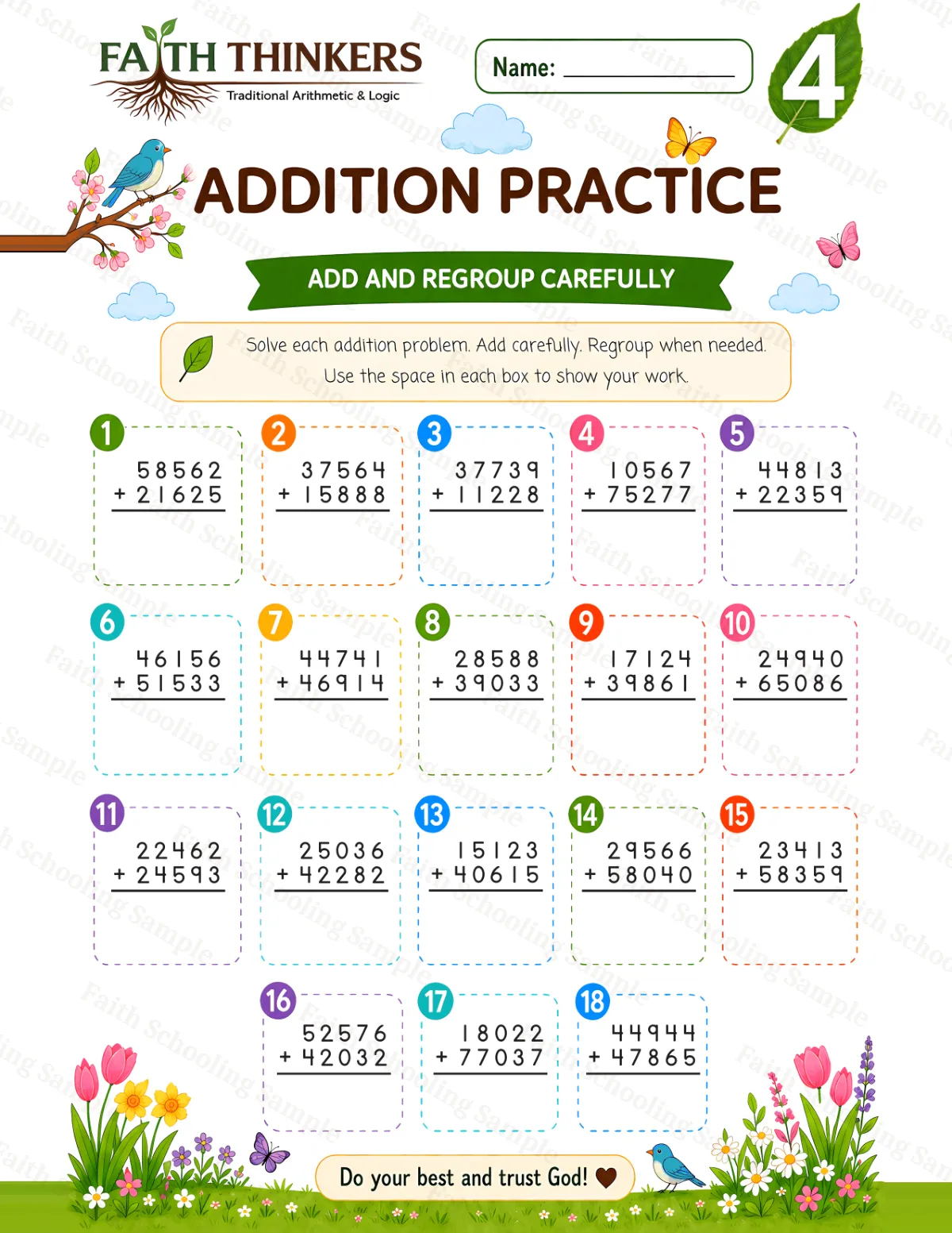 4th Grade math worksheet — Spring Addition Practice 1 (free printable)