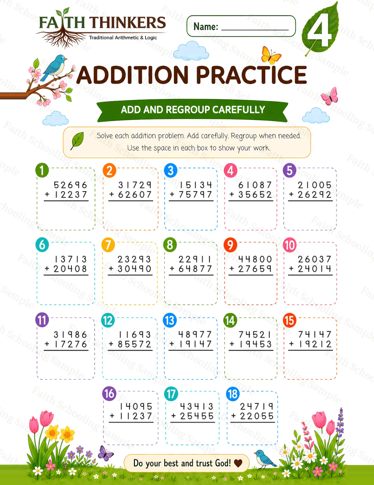 4th Grade math worksheet — Spring Addition Practice 2 (free printable)