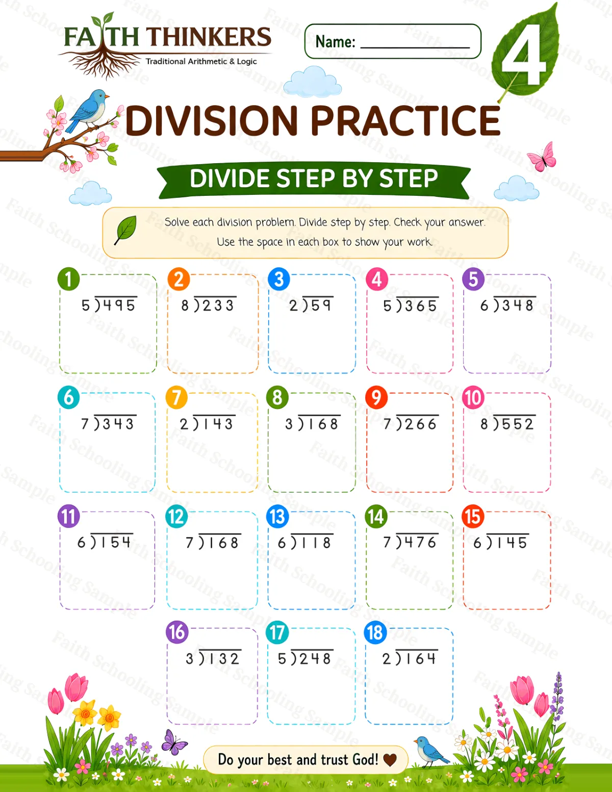 4th Grade math worksheet — Spring Division Practice 2 (free printable)