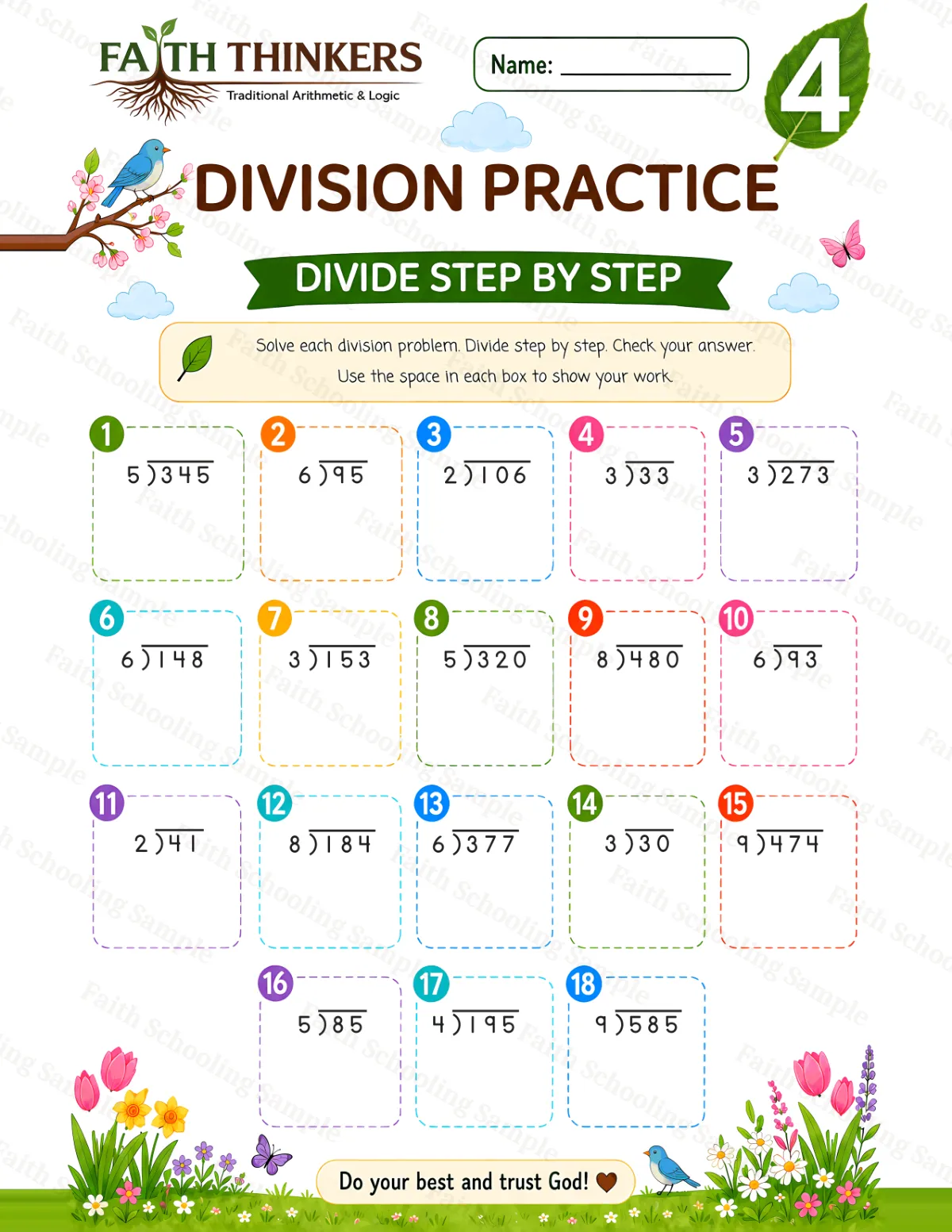 4th Grade math worksheet — Spring Division Practice 3 (free printable)