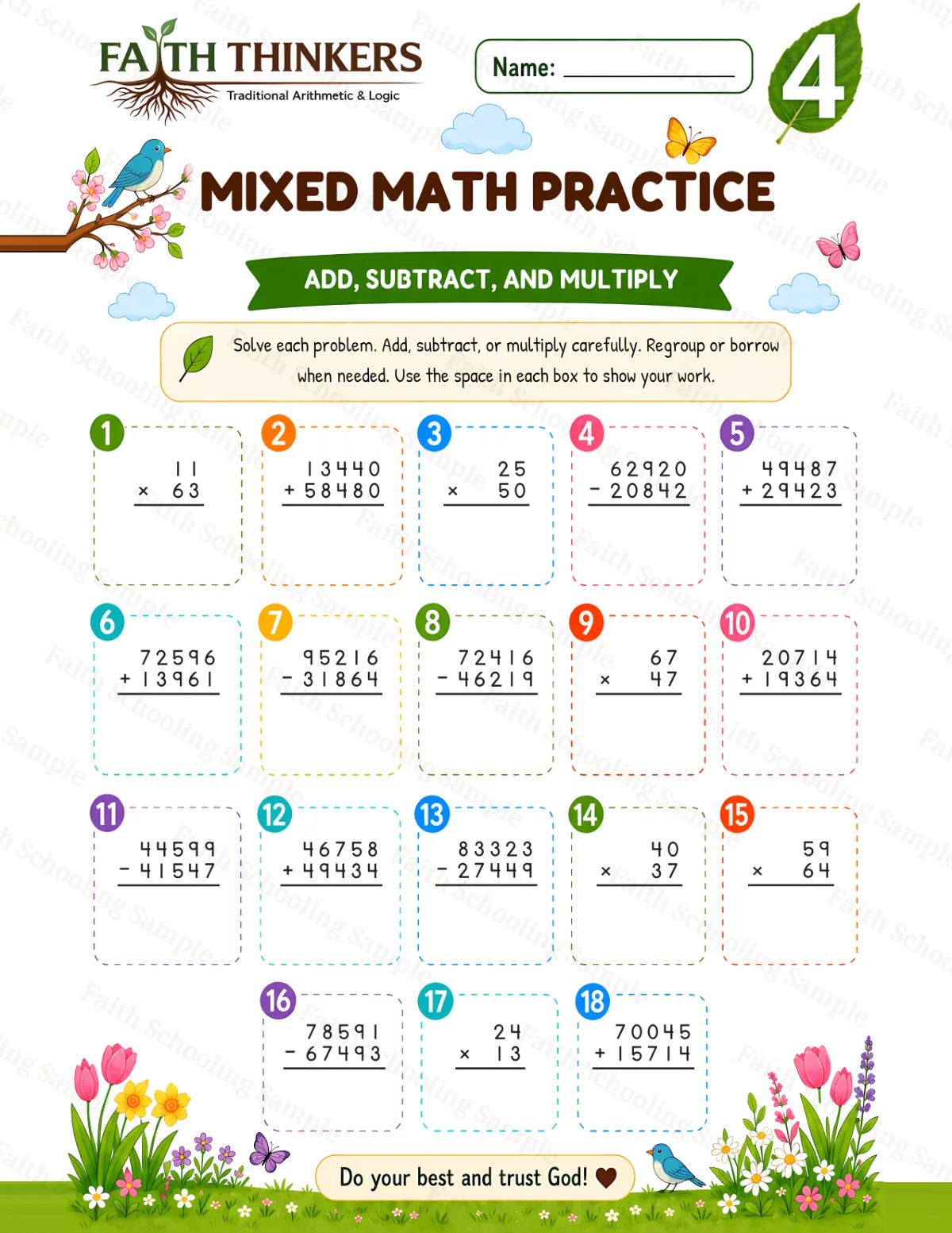 4th Grade math worksheet — Spring Mixed Practice 3 (free printable)