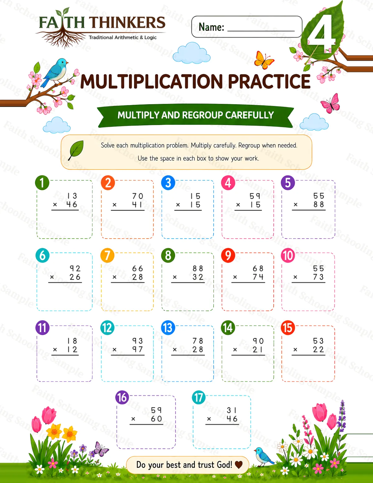 4th Grade math worksheet — Spring Multiplication Practice 1 (free printable)