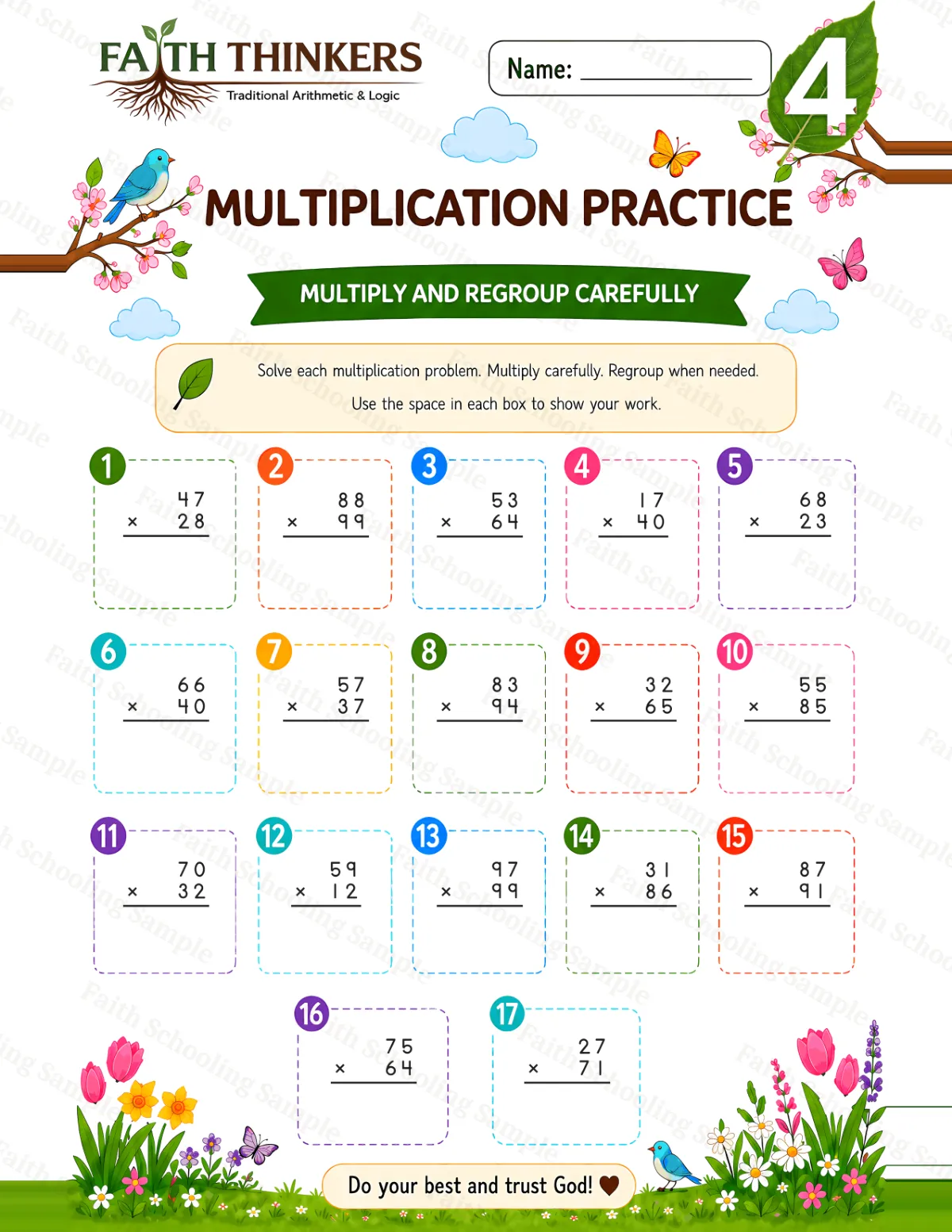 4th Grade math worksheet — Spring Multiplication Practice 2 (free printable)