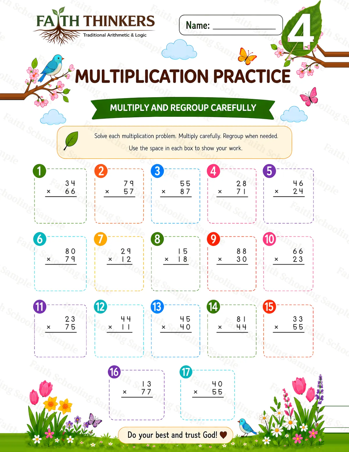 4th Grade math worksheet — Spring Multiplication Practice 3 (free printable)