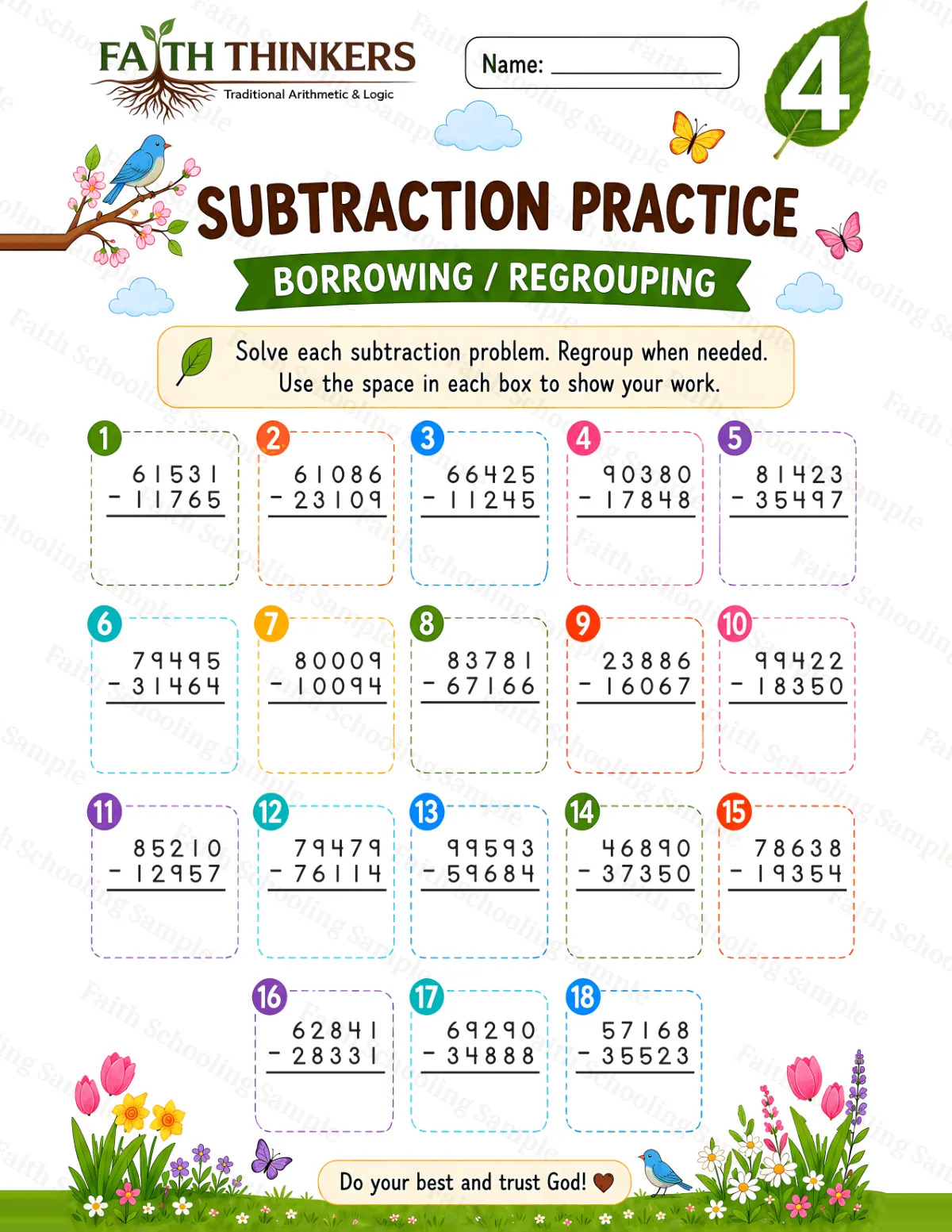 4th Grade math worksheet — Spring Subtraction Practice 1 (free printable)