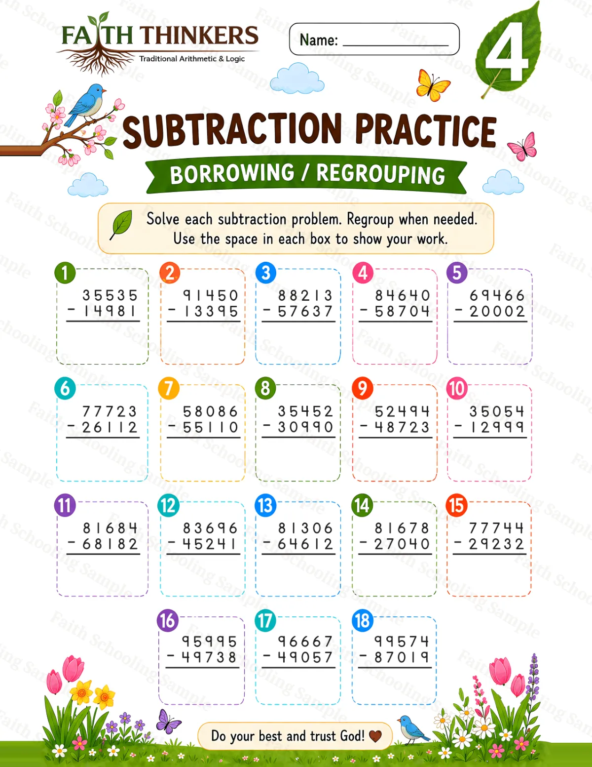 4th Grade math worksheet — Spring Subtraction Practice 2 (free printable)