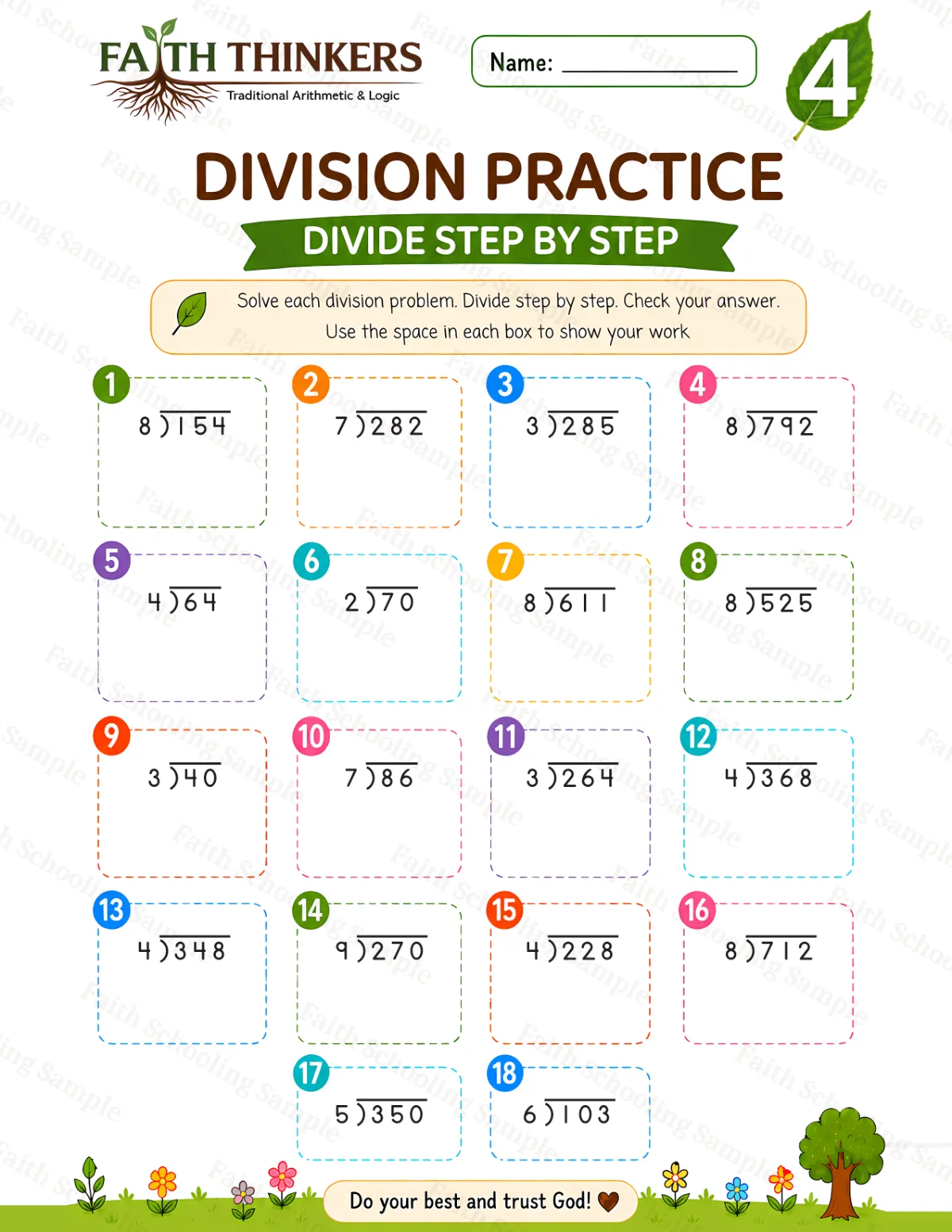 4th Grade math worksheet — Summer Division Practice 1 (free printable)