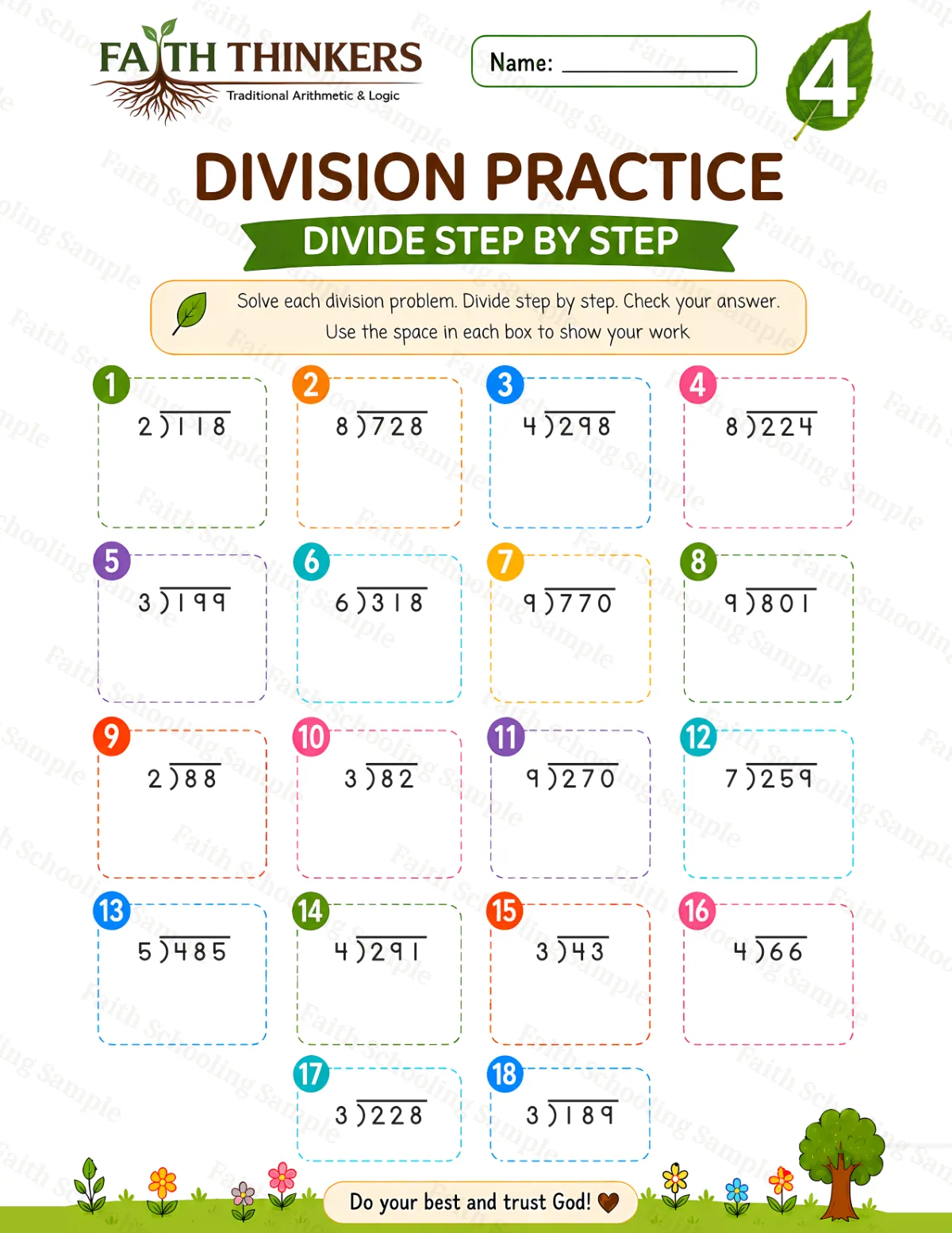 4th Grade math worksheet — Summer Division Practice 3 (free printable)