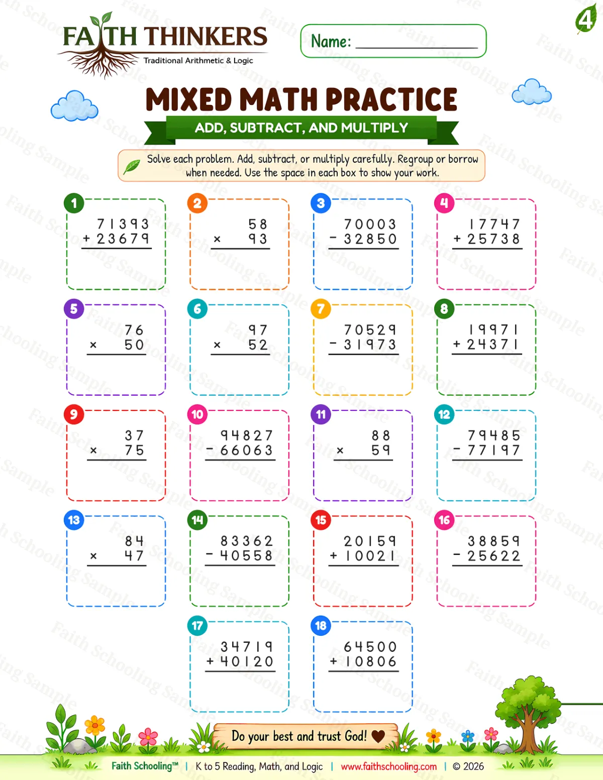 4th Grade math worksheet — Summer Mixed Practice 1 (free printable)