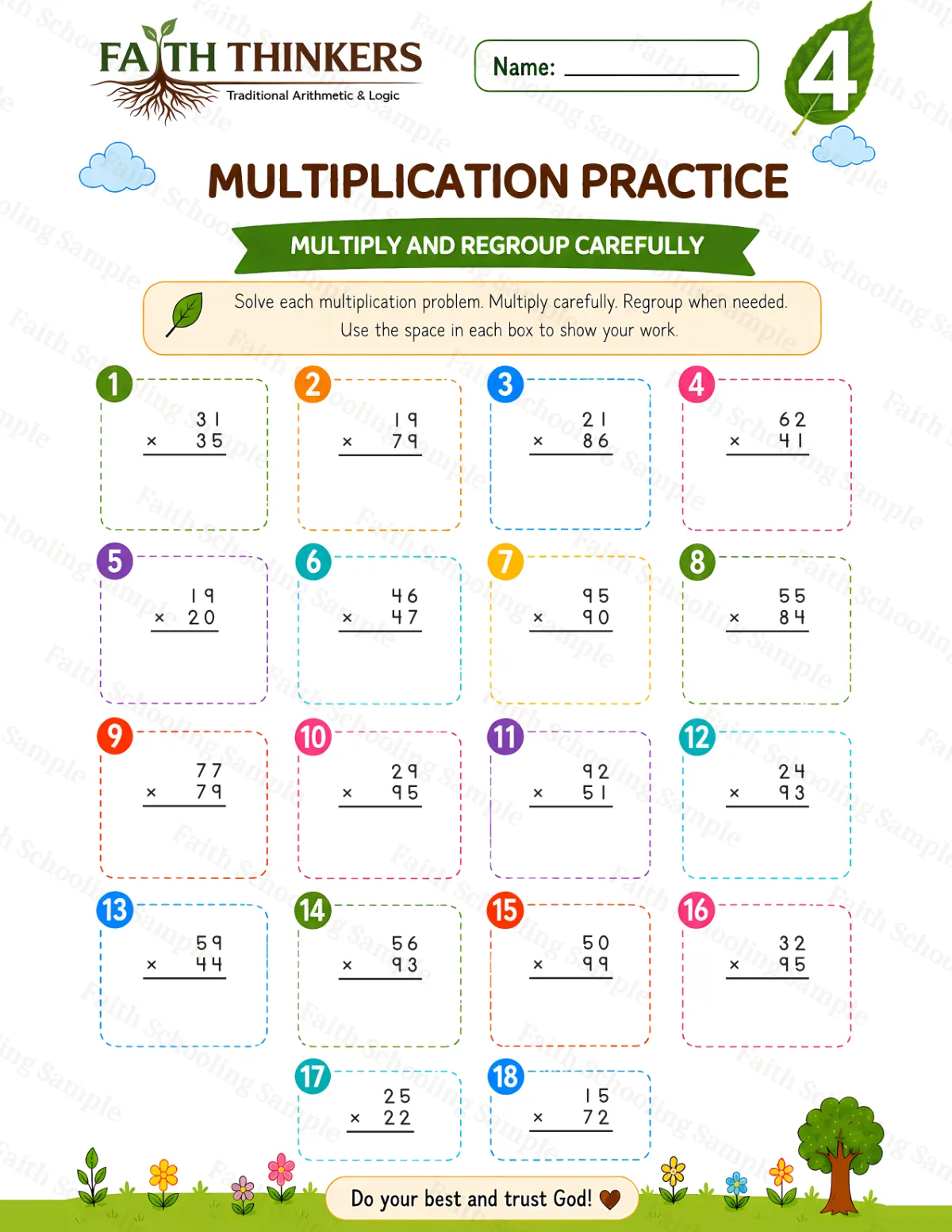 4th Grade math worksheet — Summer Multiplication Practice 1 (free printable)