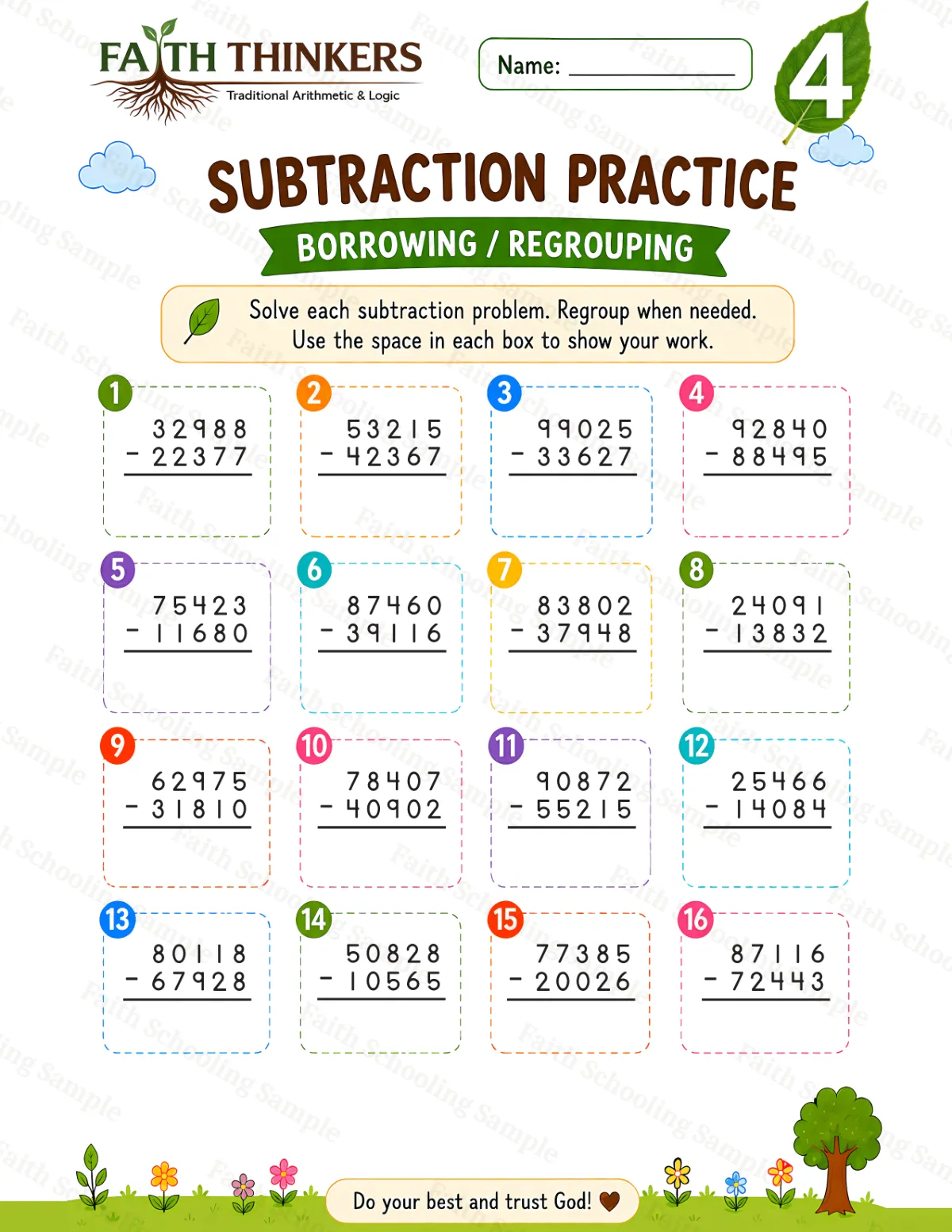 4th Grade math worksheet — Summer Subtraction Practice 1 (free printable)