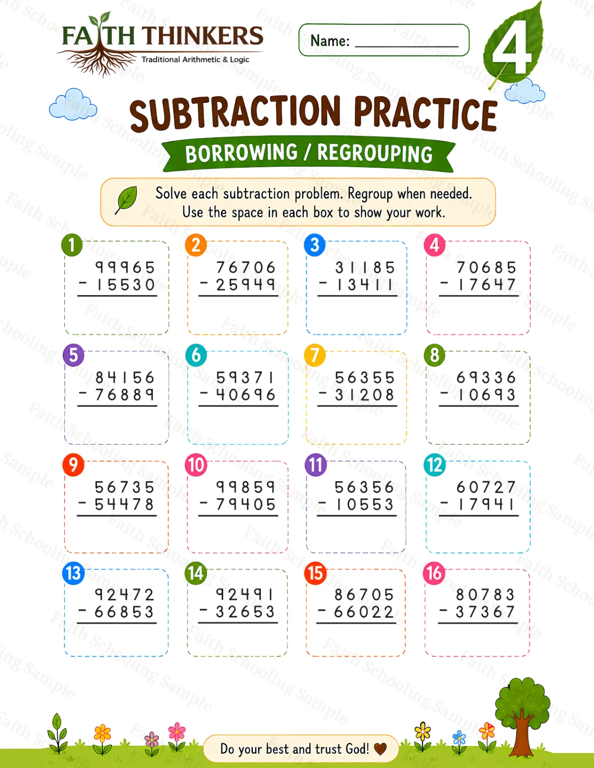4th Grade math worksheet — Summer Subtraction Practice 2 (free printable)