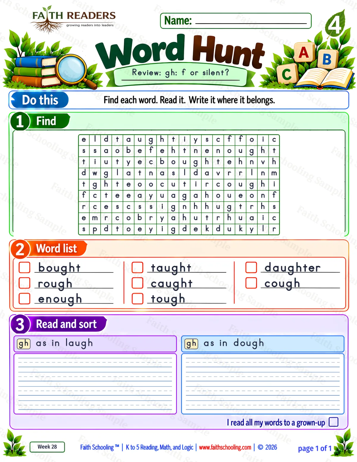 4th Grade phonics worksheet — Word Hunt 1: The Silent GH (free printable)