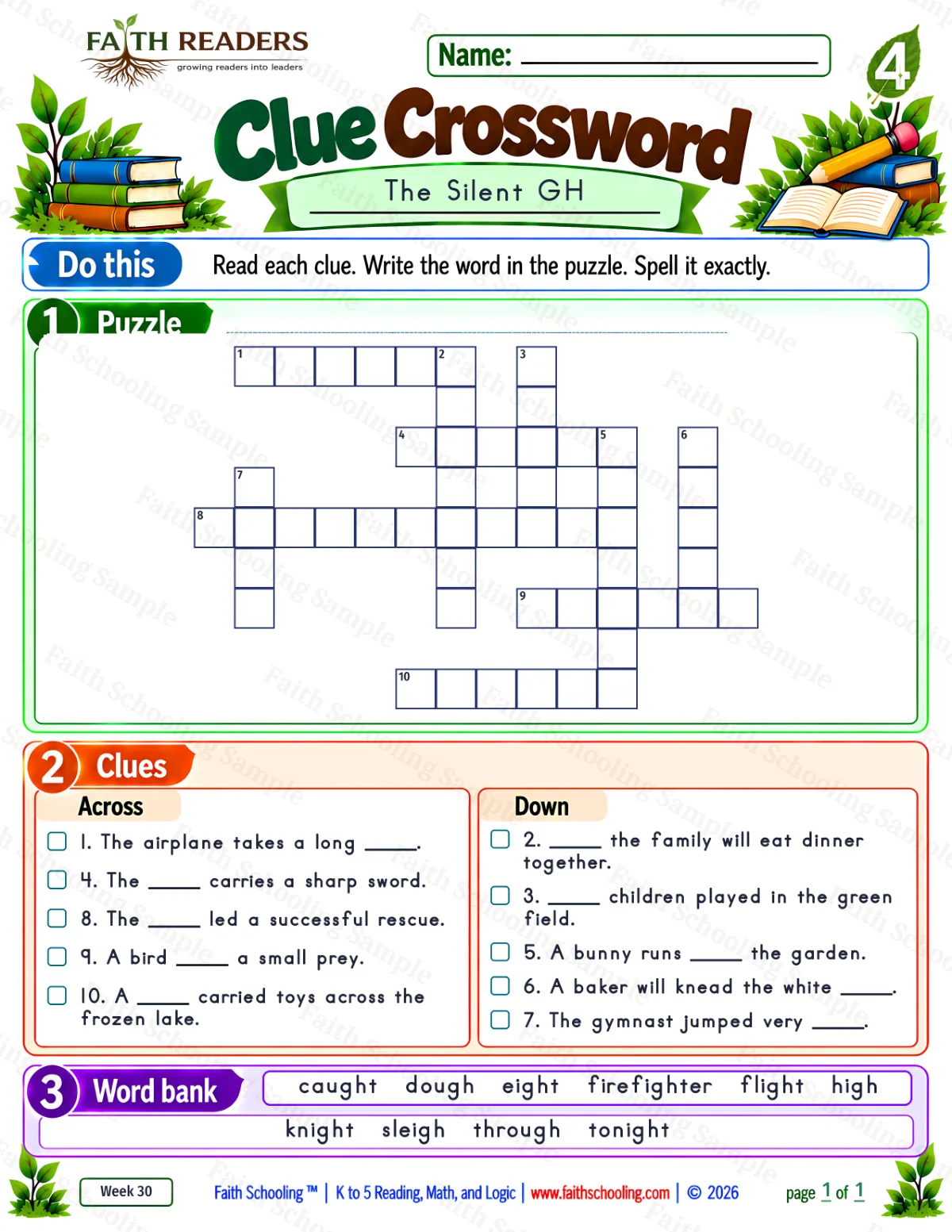 4th Grade phonics worksheet — Clue Crossword 1: The Silent GH (free printable)