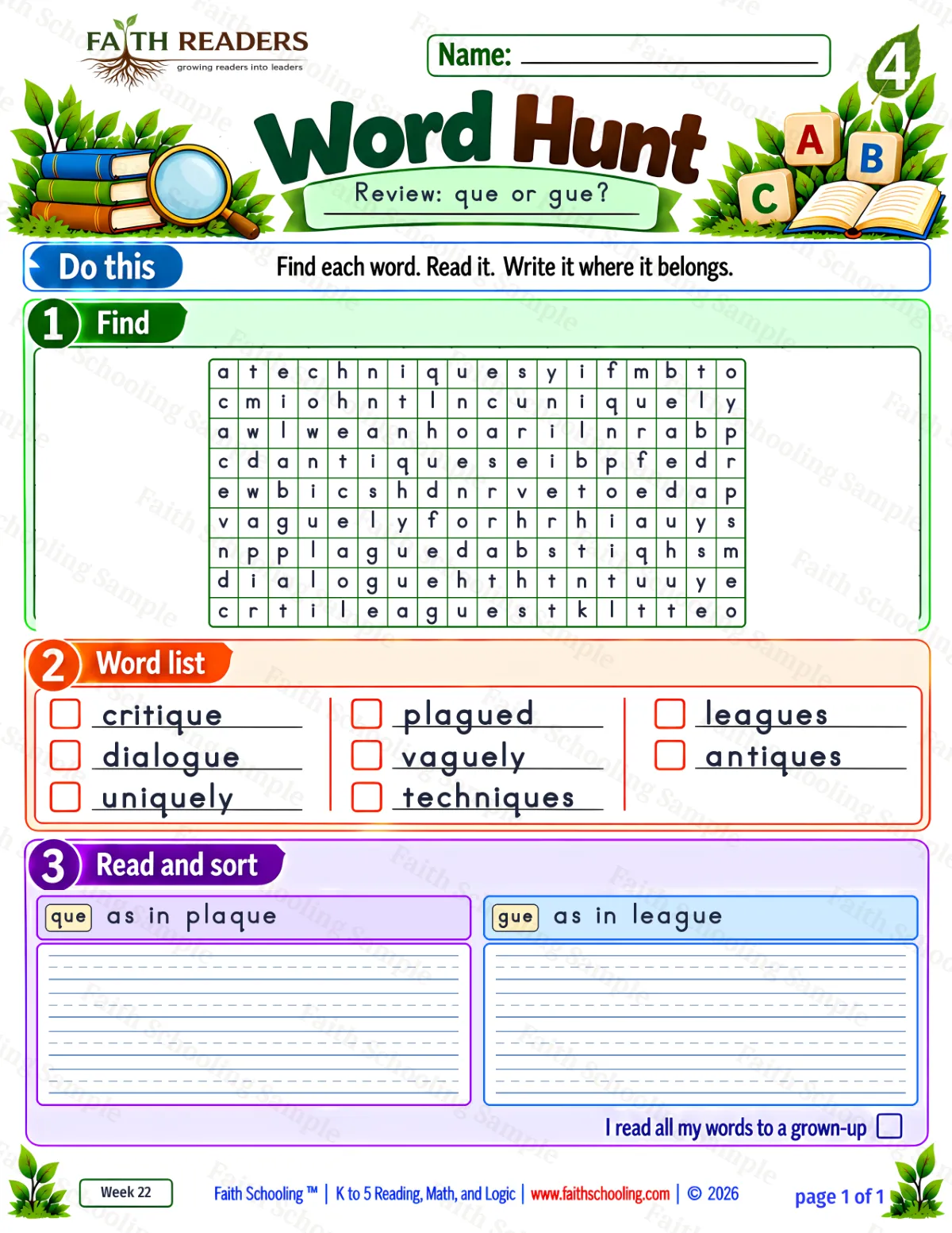 4th Grade phonics worksheet — Word Hunt 2: QUE and GUE Endings (free printable)