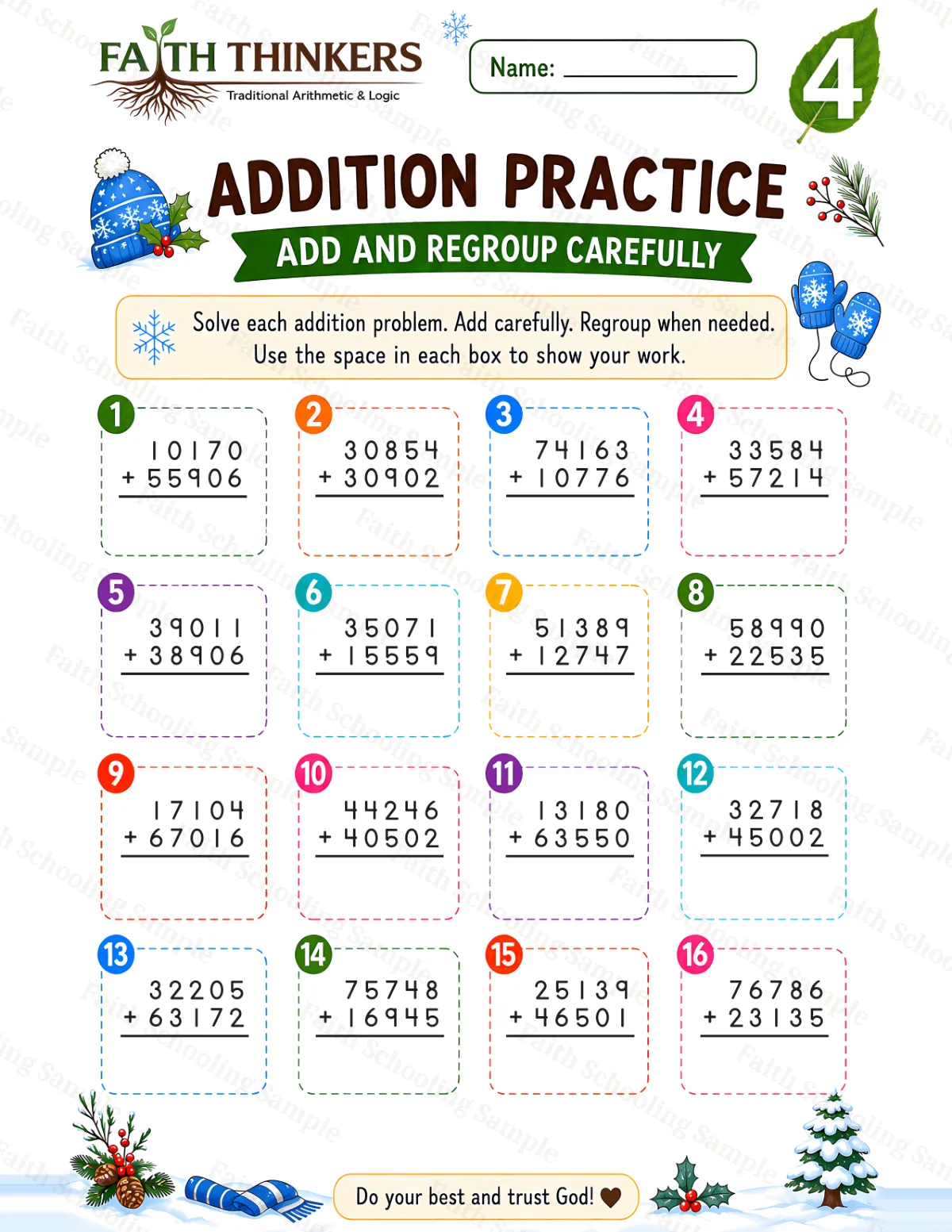 4th Grade math worksheet — Winter Addition Practice 1 (free printable)