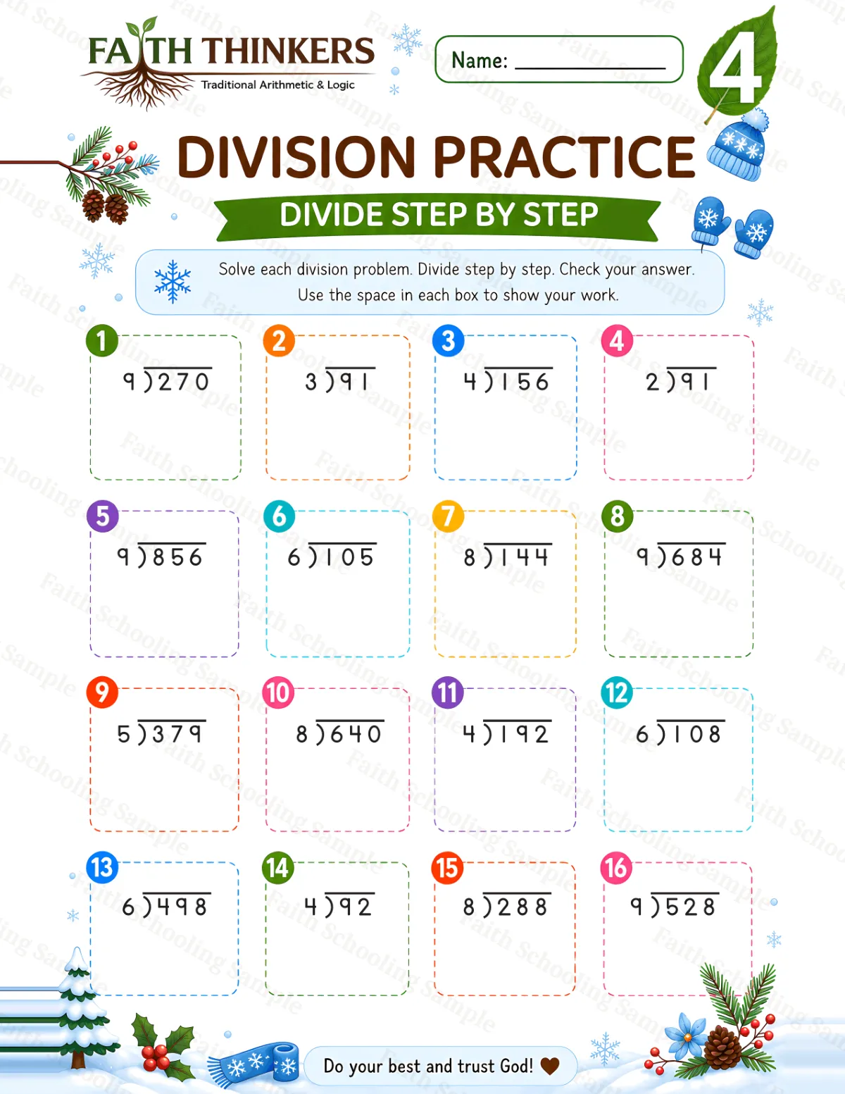 4th Grade math worksheet — Winter Division Practice 2 (free printable)