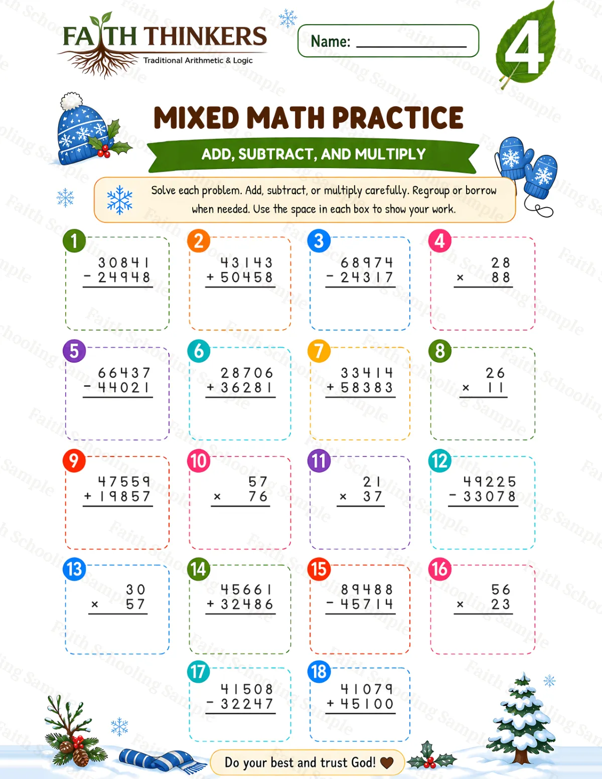 4th Grade math worksheet — Winter Mixed Practice 1 (free printable)