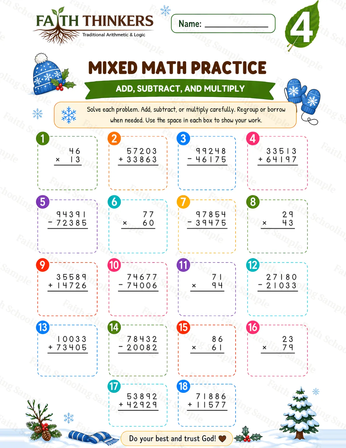 4th Grade math worksheet — Winter Mixed Practice 2 (free printable)