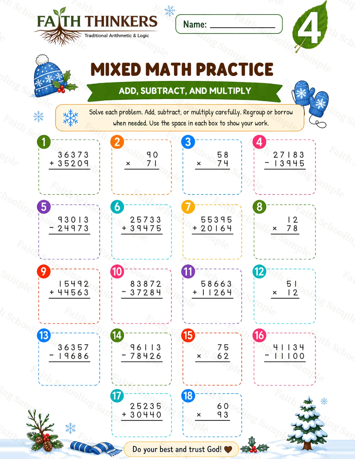4th Grade math worksheet — Winter Mixed Practice 3 (free printable)