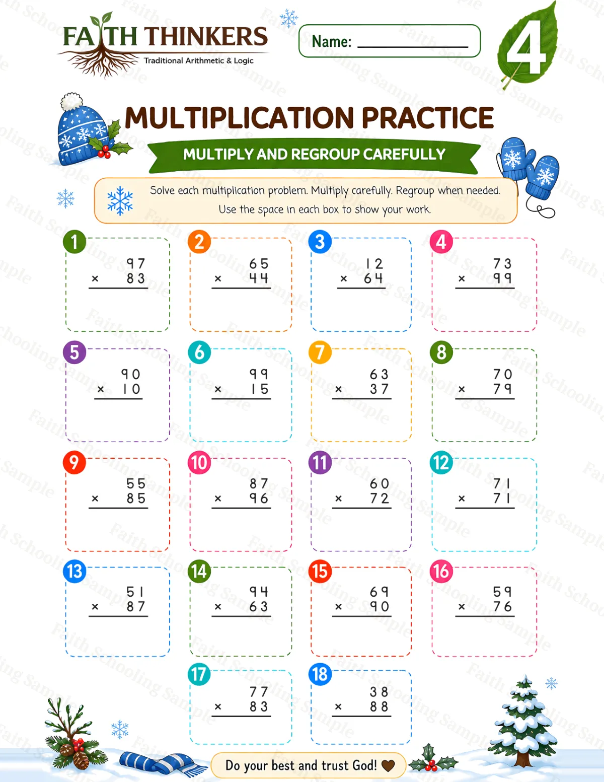 4th Grade math worksheet — Winter Multiplication Practice 1 (free printable)