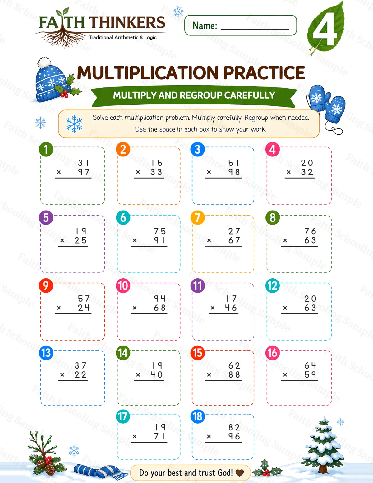 4th Grade math worksheet — Winter Multiplication Practice 2 (free printable)