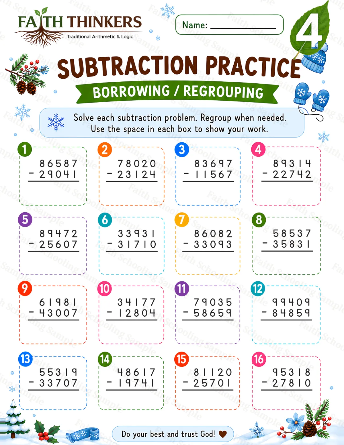 4th Grade math worksheet — Winter Subtraction Practice 1 (free printable)