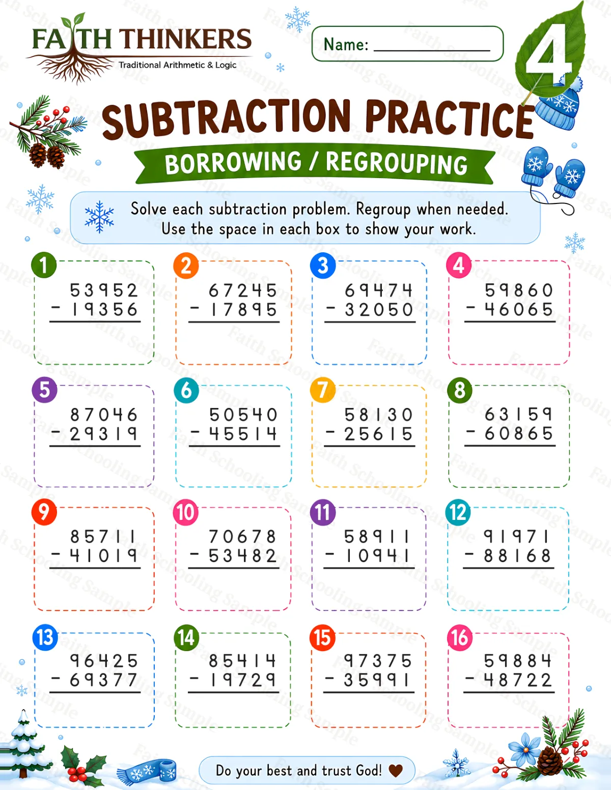 4th Grade math worksheet — Winter Subtraction Practice 2 (free printable)